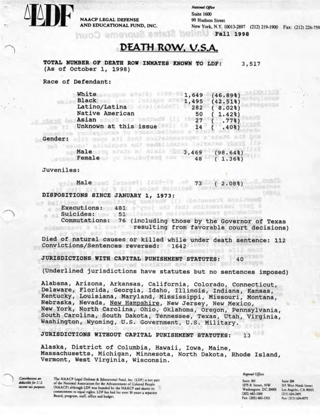 Lethal Injection, Or Choice of Gas Chamber for Those Sentenced Before November 1992) Total = 121 B = 13 W = 85 L = 18 N = 5 A= 0 U = 0