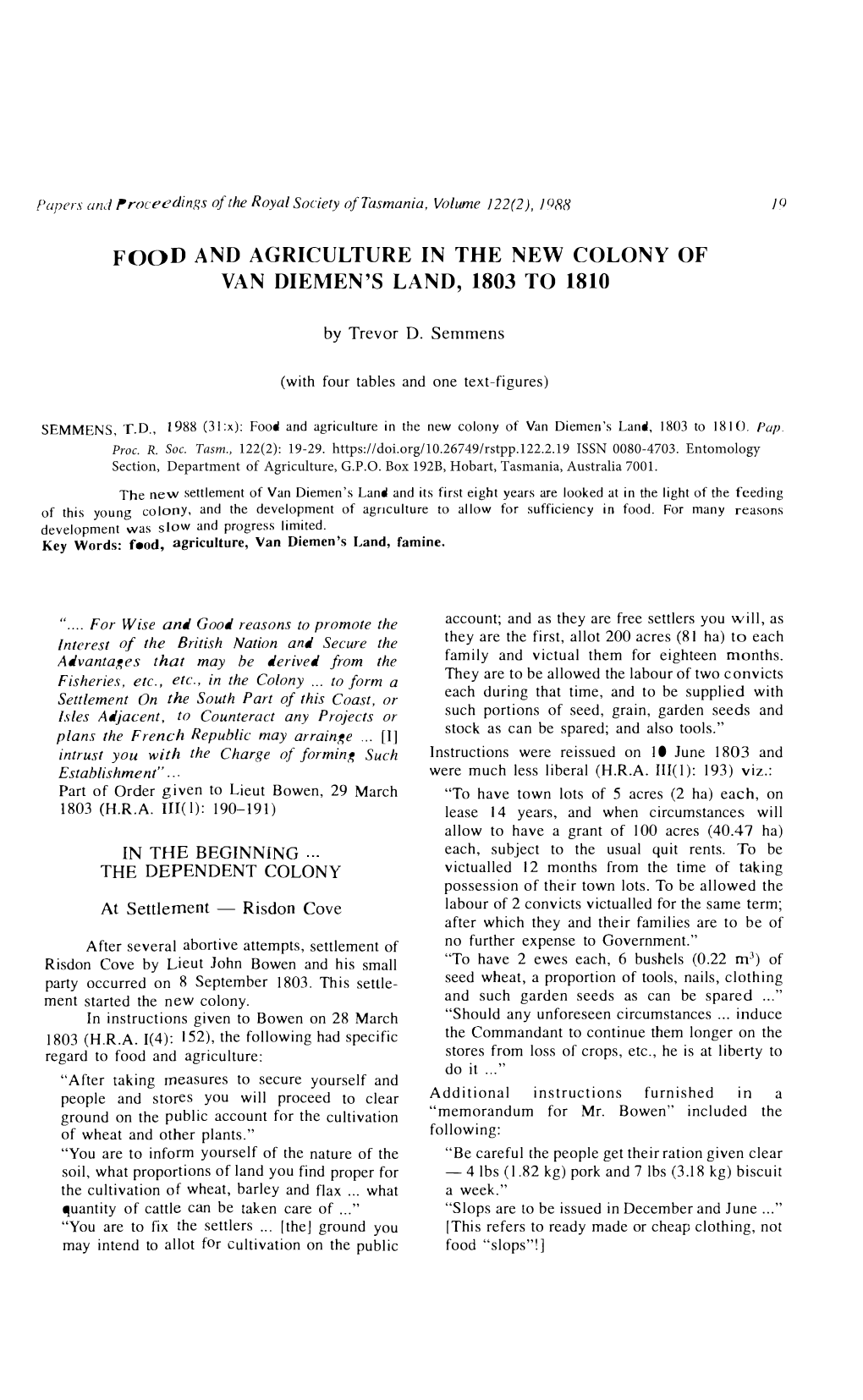 Food and Agriculture in the New Colony of Van Diemen's Land, 1803 to 1810