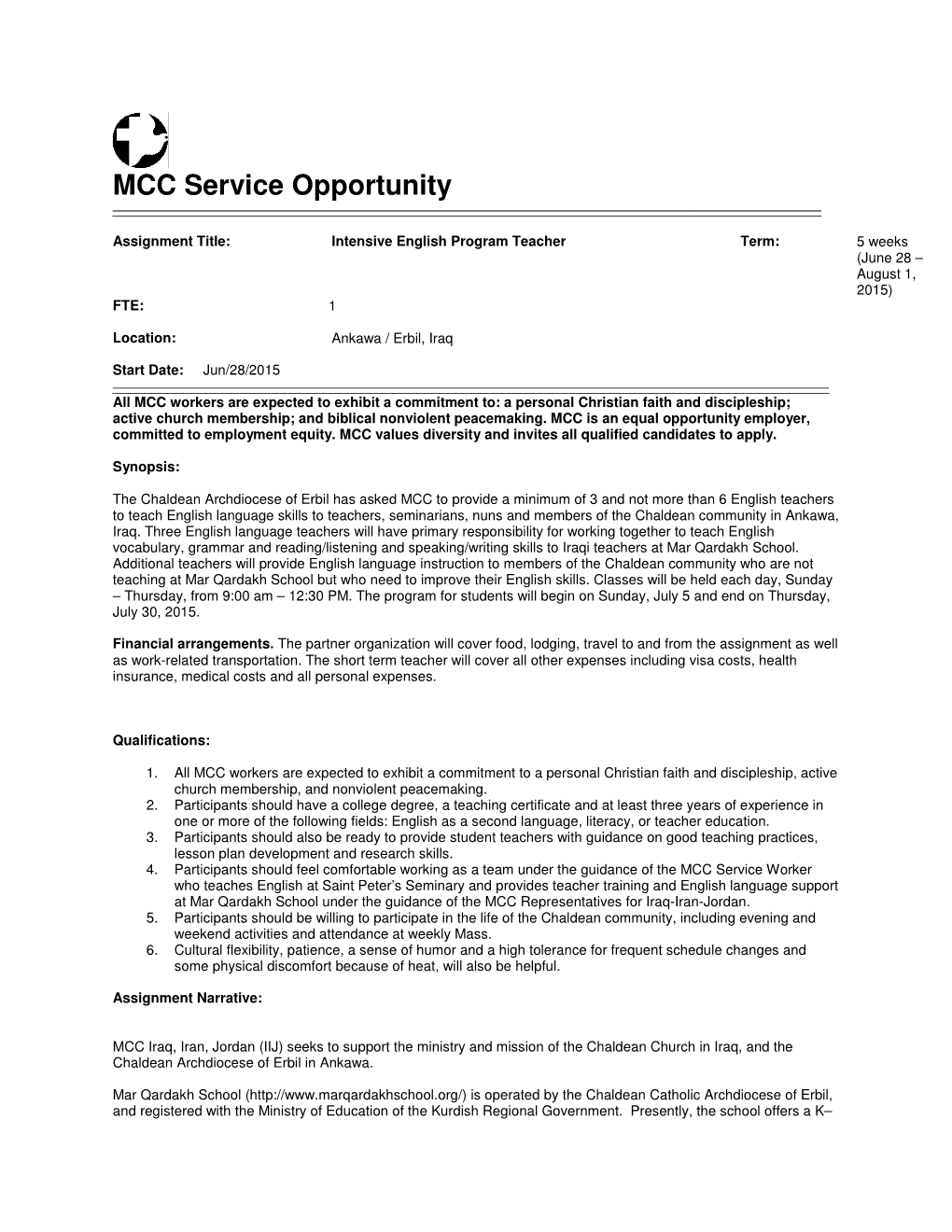 MCC Service Opportunity ______