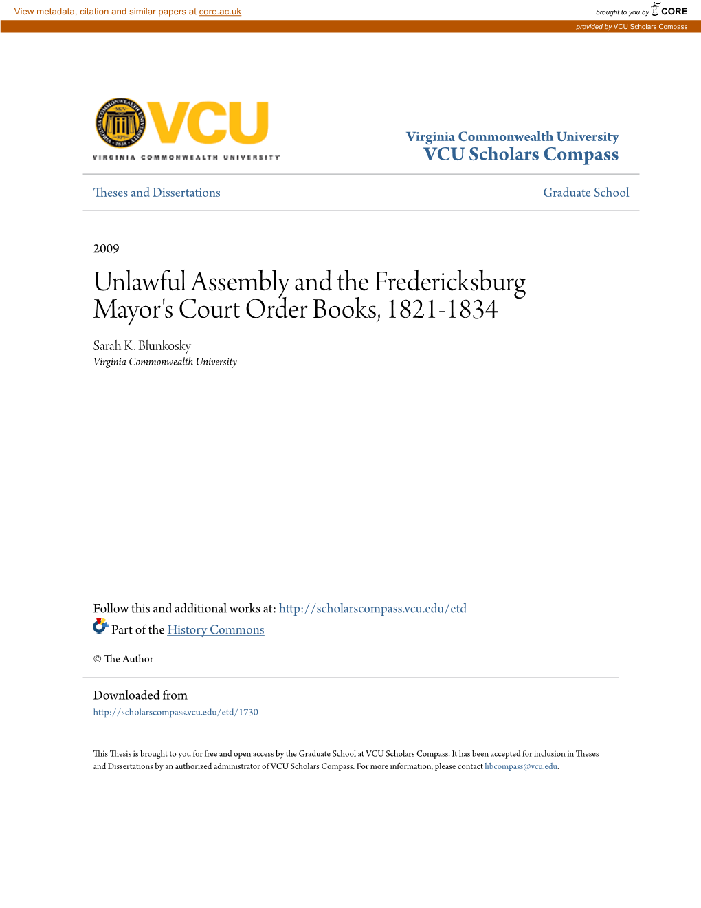 Unlawful Assembly and the Fredericksburg Mayor's Court Order Books, 1821-1834 Sarah K