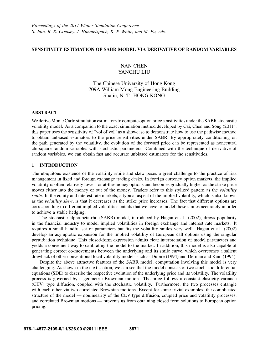 Sensitivity Estimation of Sabr Model Via Derivative of Random Variables