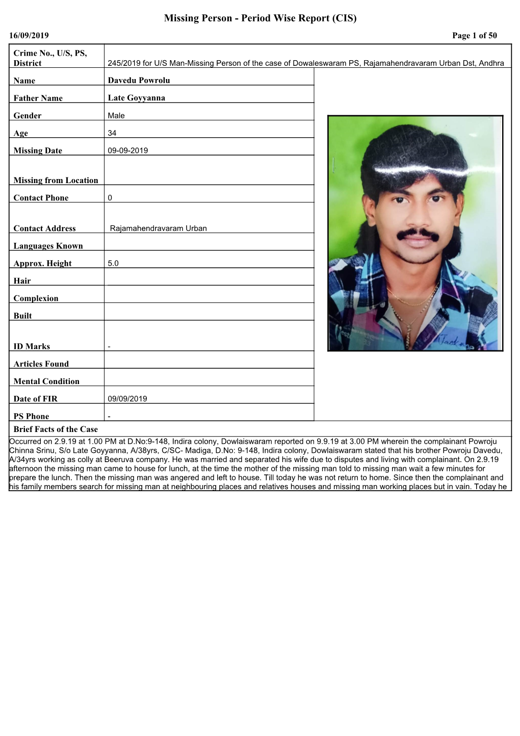 Missing Person - Period Wise Report (CIS) 16/09/2019 Page 1 of 50