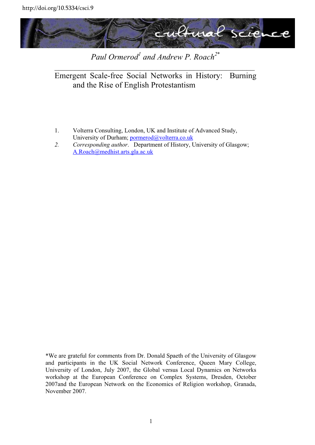 Paul Ormerod1 and Andrew P. Roach2* ______Emergent Scale-Free Social Networks in History: Burning and the Rise of English Protestantism