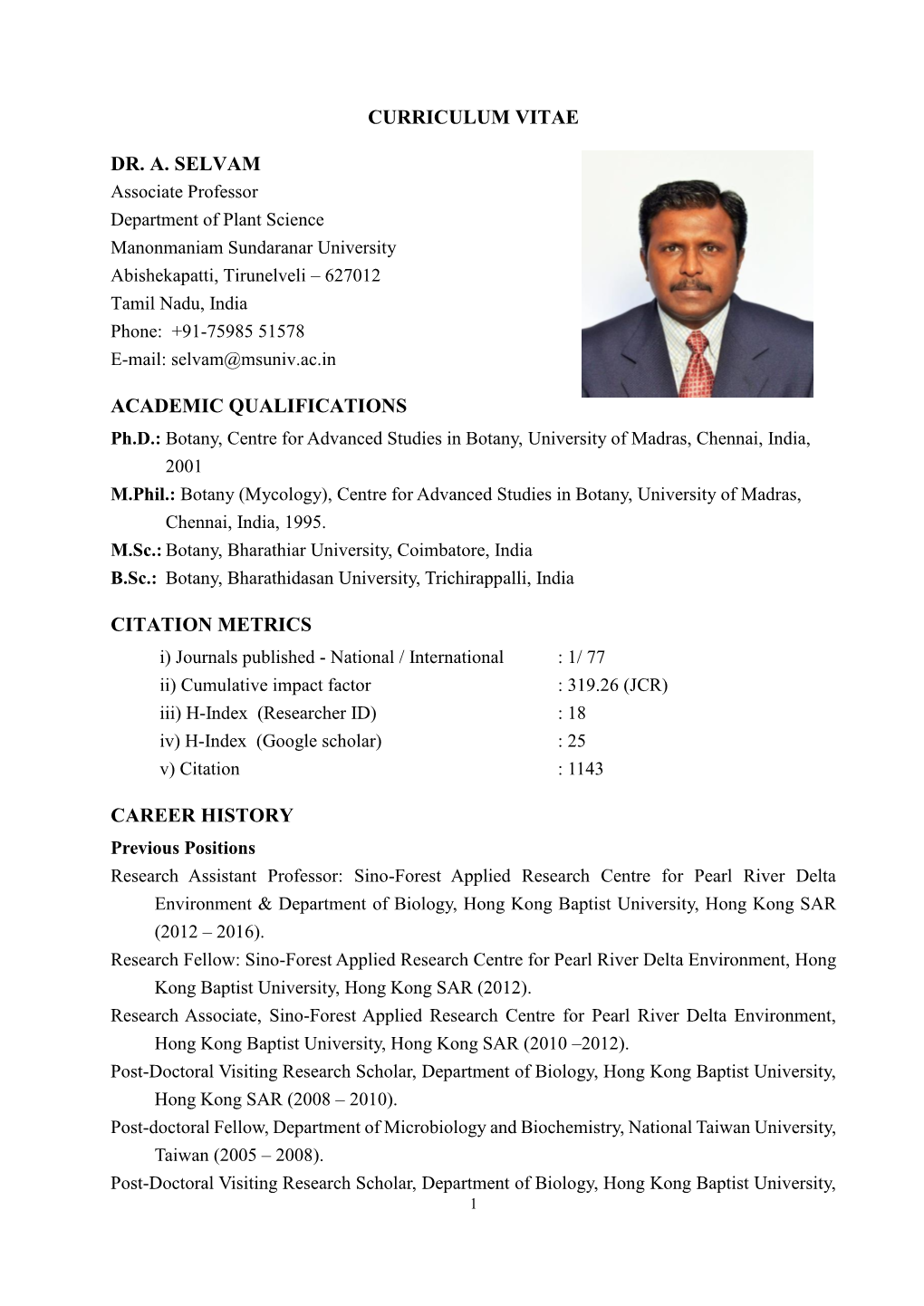 Curriculum Vitae Dr. A. Selvam