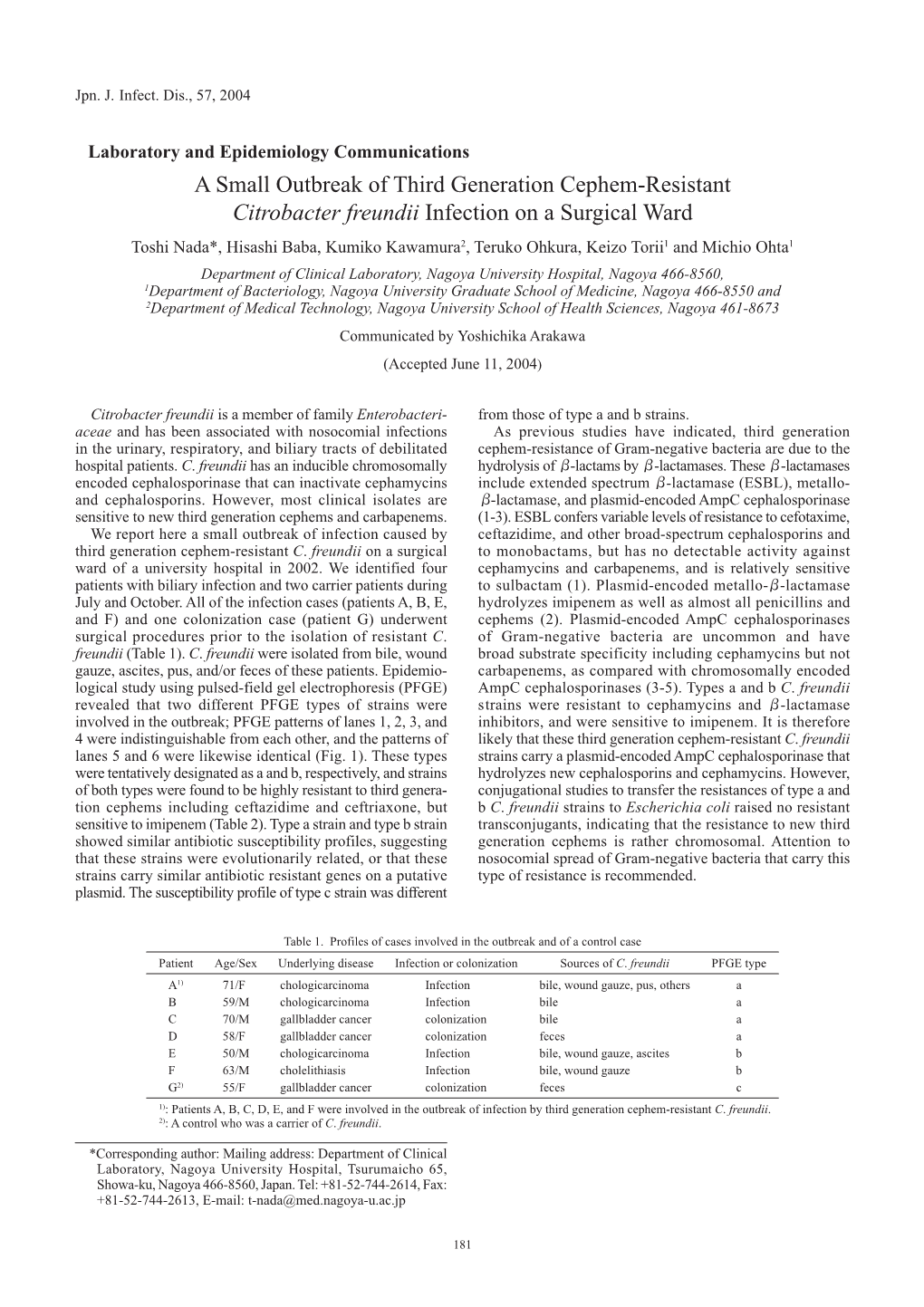 A Small Outbreak of Third Generation Cephem-Resistant Citrobacter