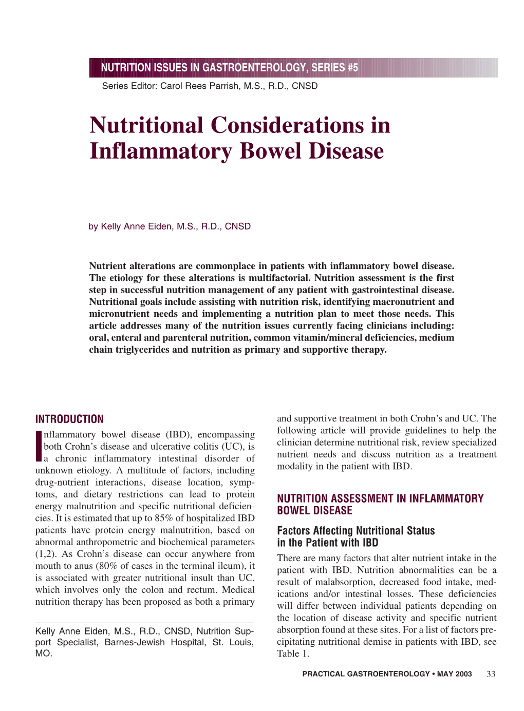 Nutritional Considerations in Inflammatory Bowel Disease