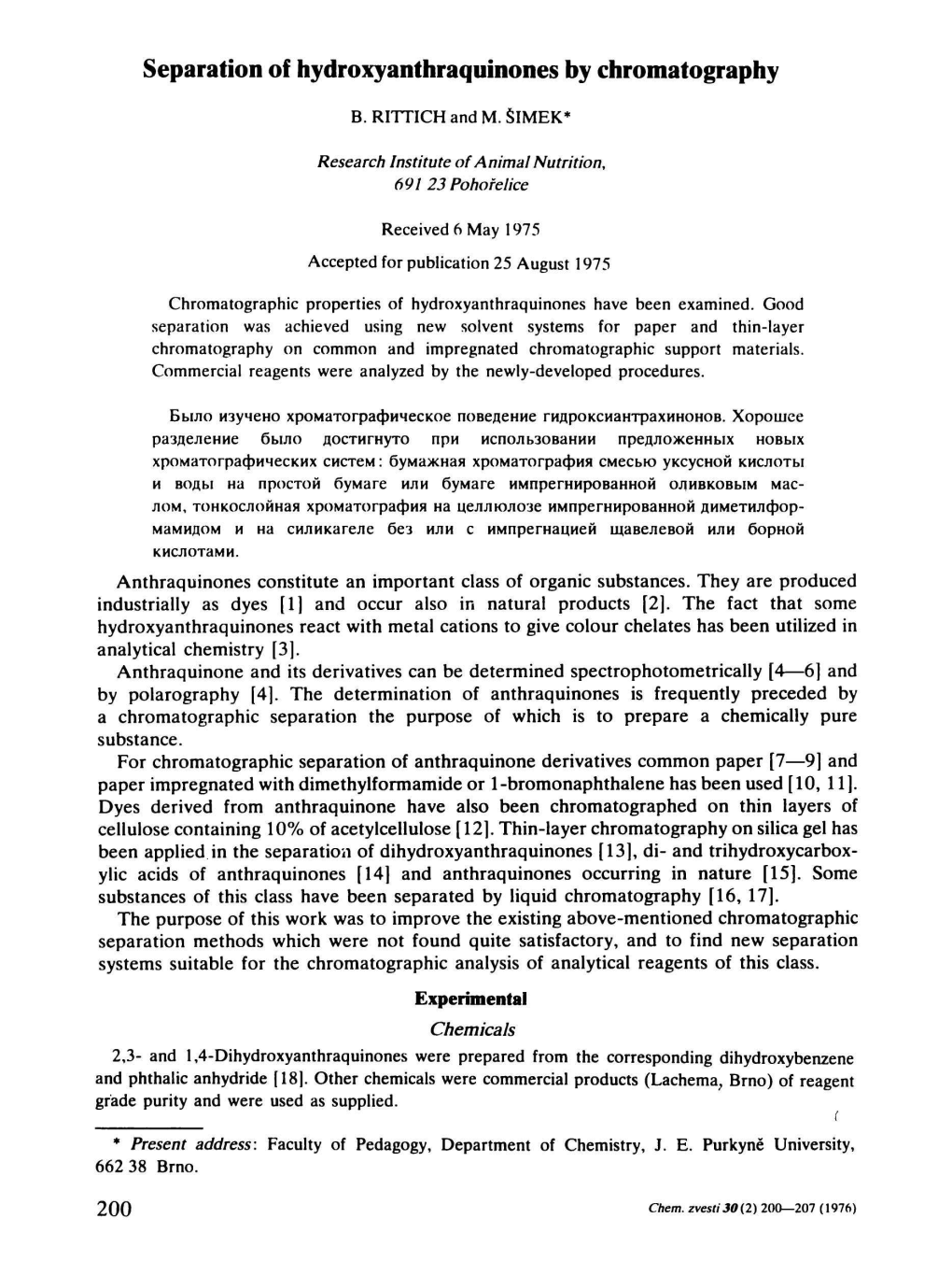 Separation of Hydroxyanthraquinones by Chromatography