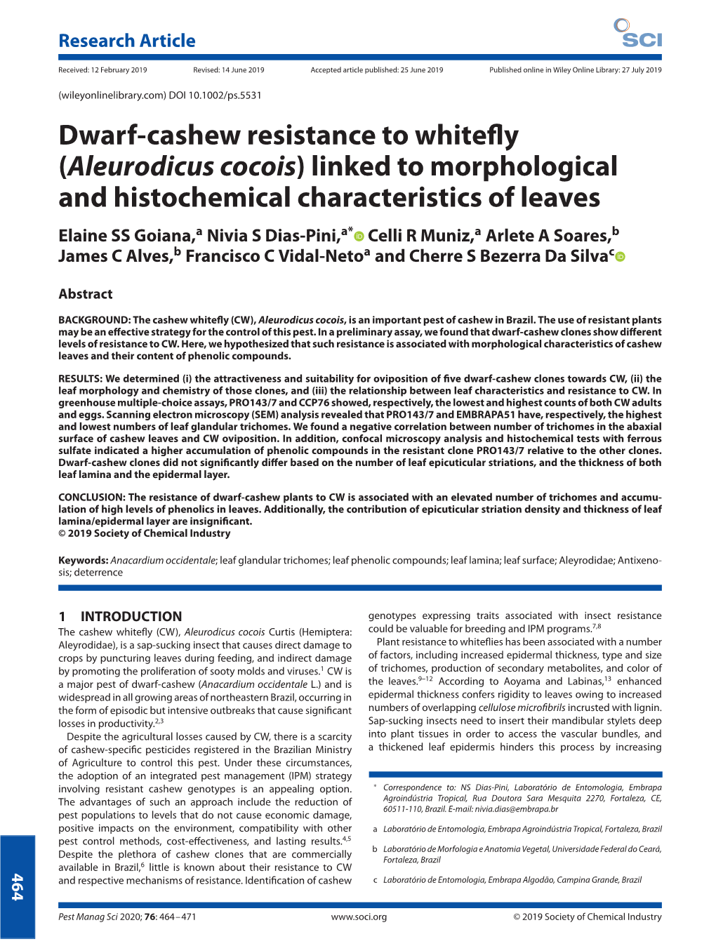 Dwarf-Cashew Resistance to Whitefly (Aleurodicus Cocois) Linked To