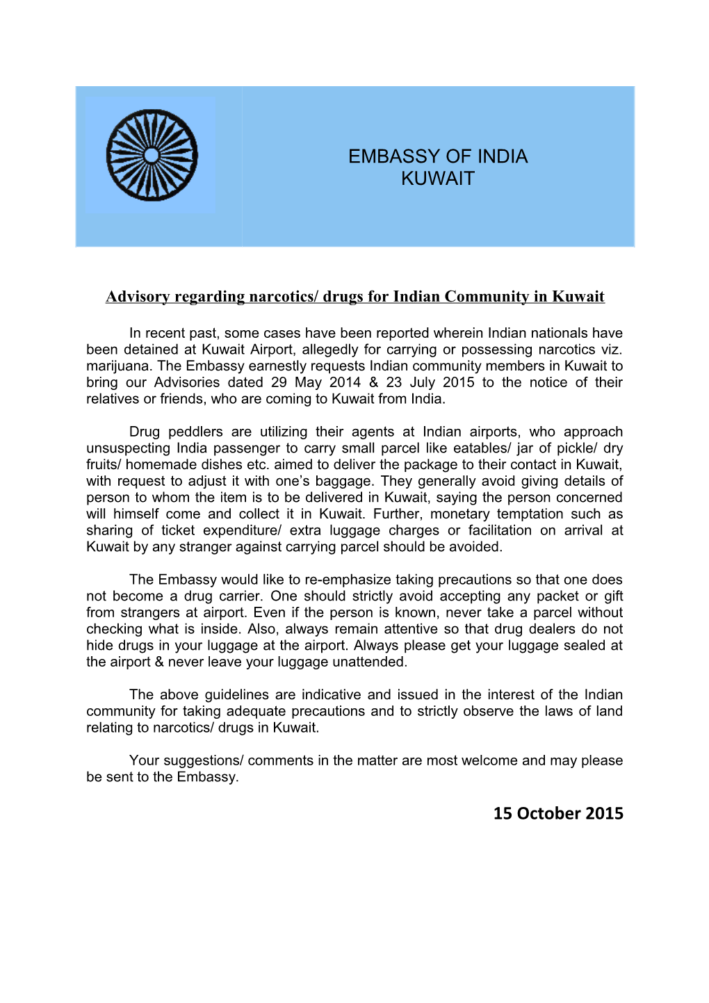 Advisory Regarding Narcotics/ Drugs for Indian Community in Kuwait s1