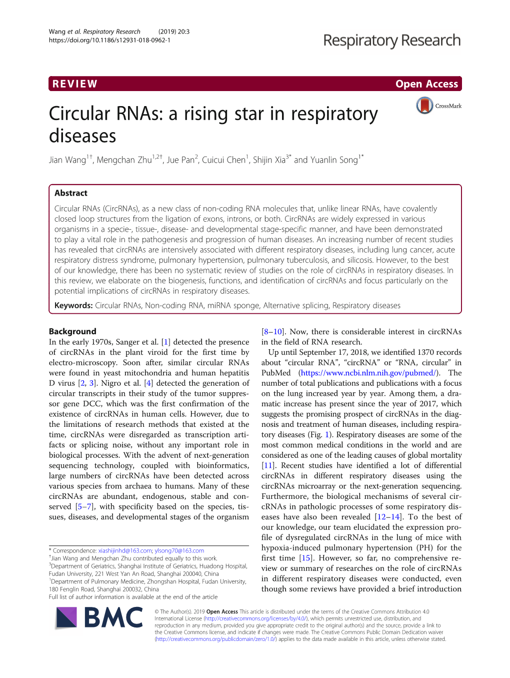 Circular Rnas: a Rising Star in Respiratory Diseases Jian Wang1†, Mengchan Zhu1,2†, Jue Pan2, Cuicui Chen1, Shijin Xia3* and Yuanlin Song1*