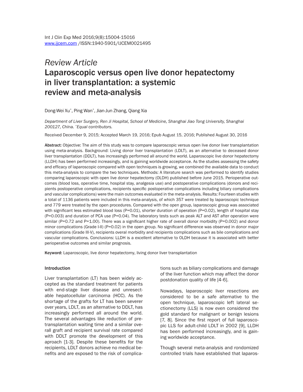 Review Article Laparoscopic Versus Open Live Donor Hepatectomy in Liver Transplantation: a Systemic Review and Meta-Analysis