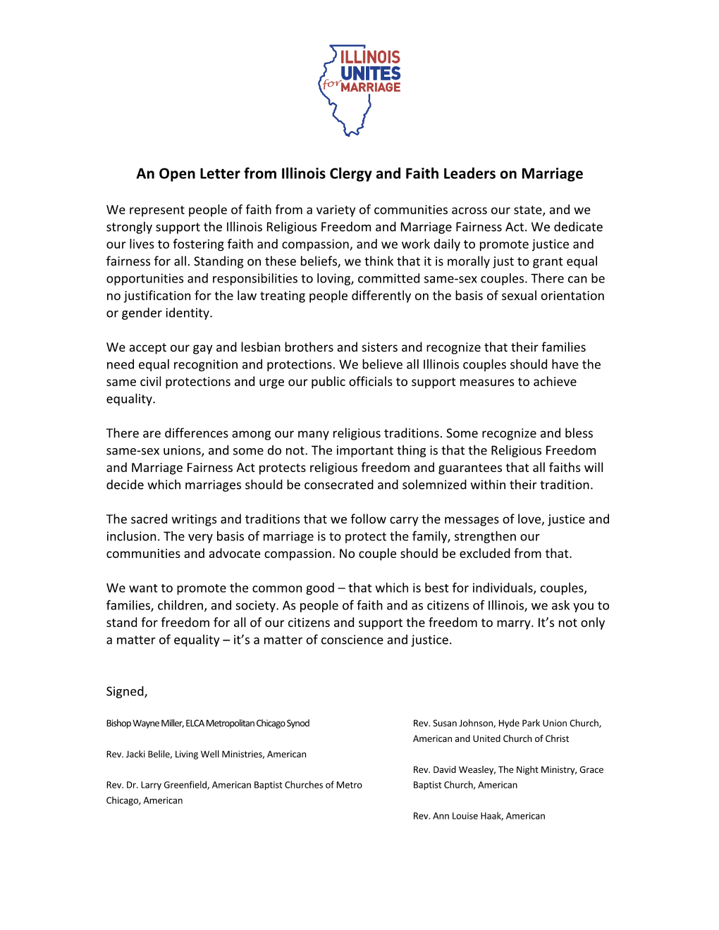 An Open Letter from Illinois Clergy and Faith Leaders on Marriage