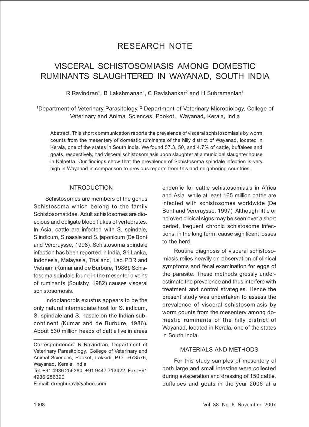 Research Note. Visceral Schistosomiasis Among Domestic