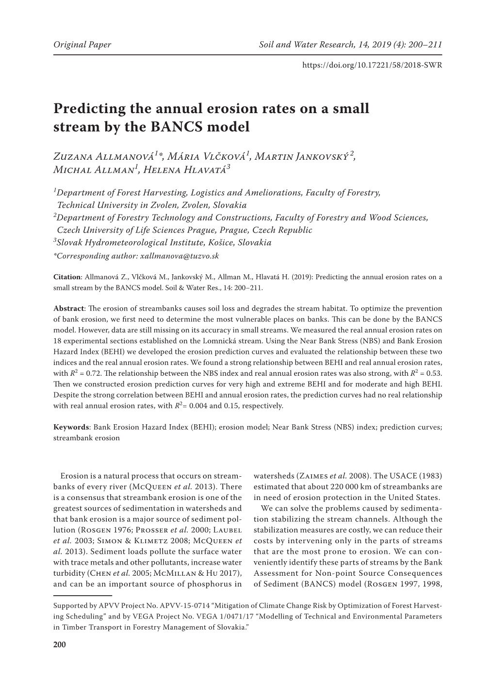 Predicting the Annual Erosion Rates on a Small Stream by the BANCS Model