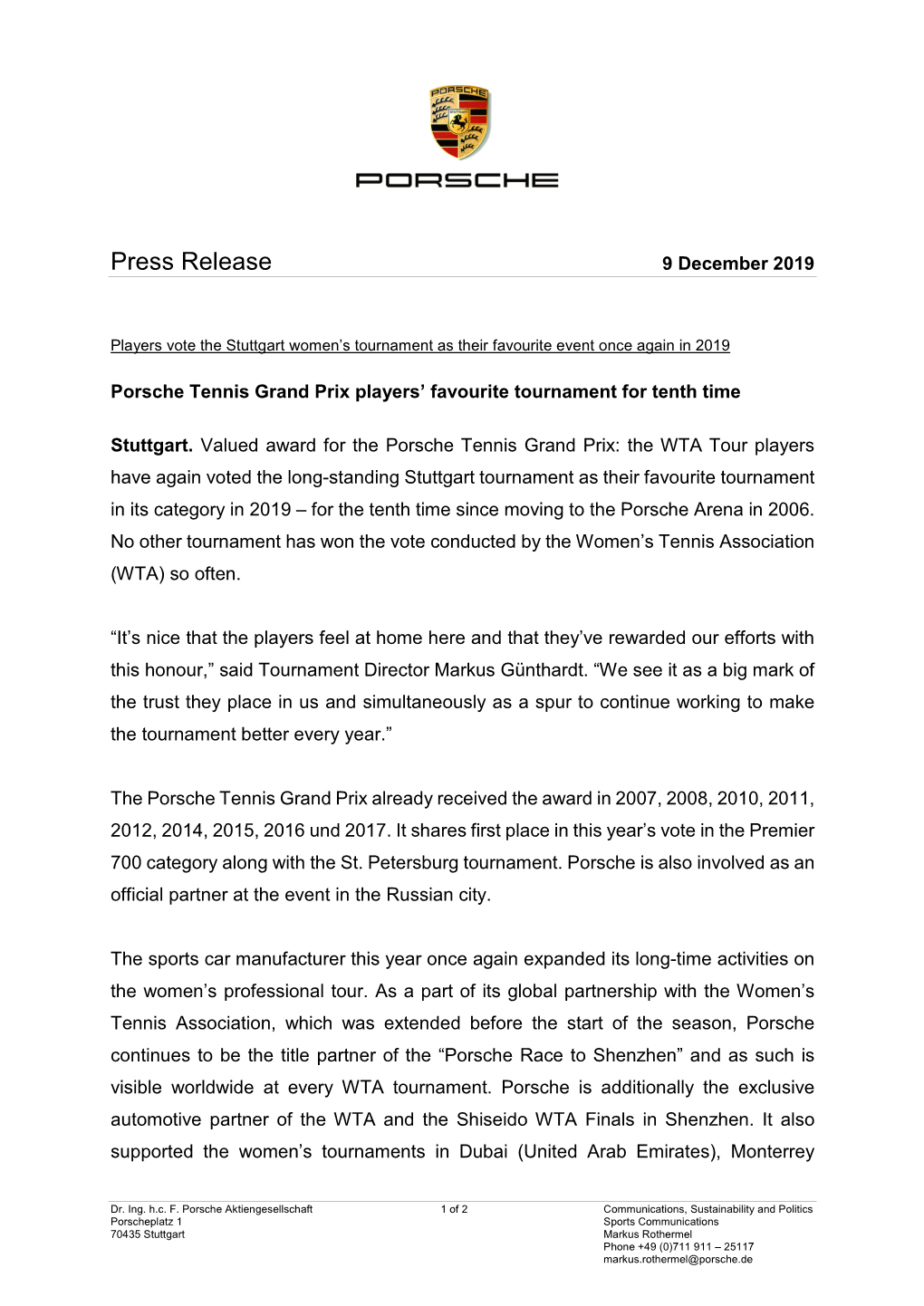 Press Release 9 December 2019