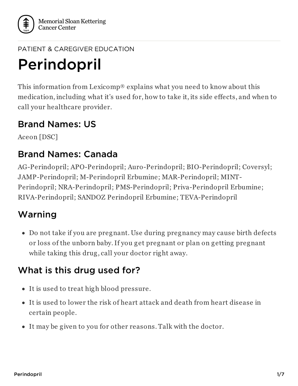 Perindopril | Memorial Sloan Kettering Cancer Center