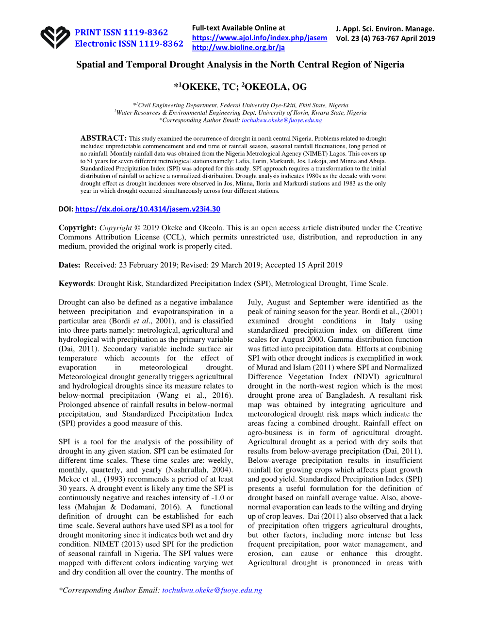 Spatial and Temporal Drought Analysis in the North Central Region of Nigeria