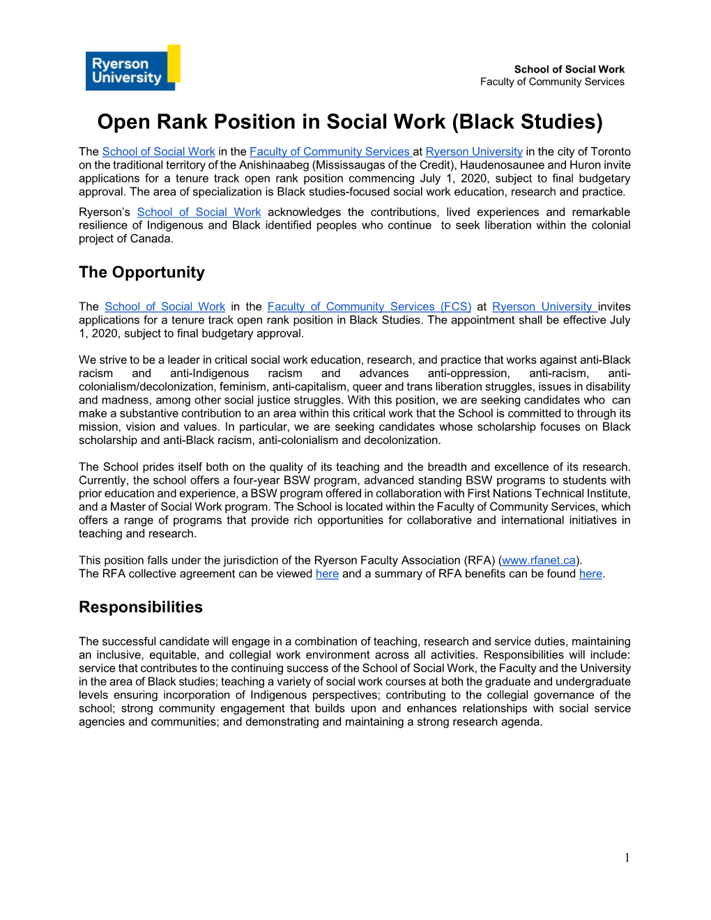 Open Rank Position in Social Work (Black Studies)