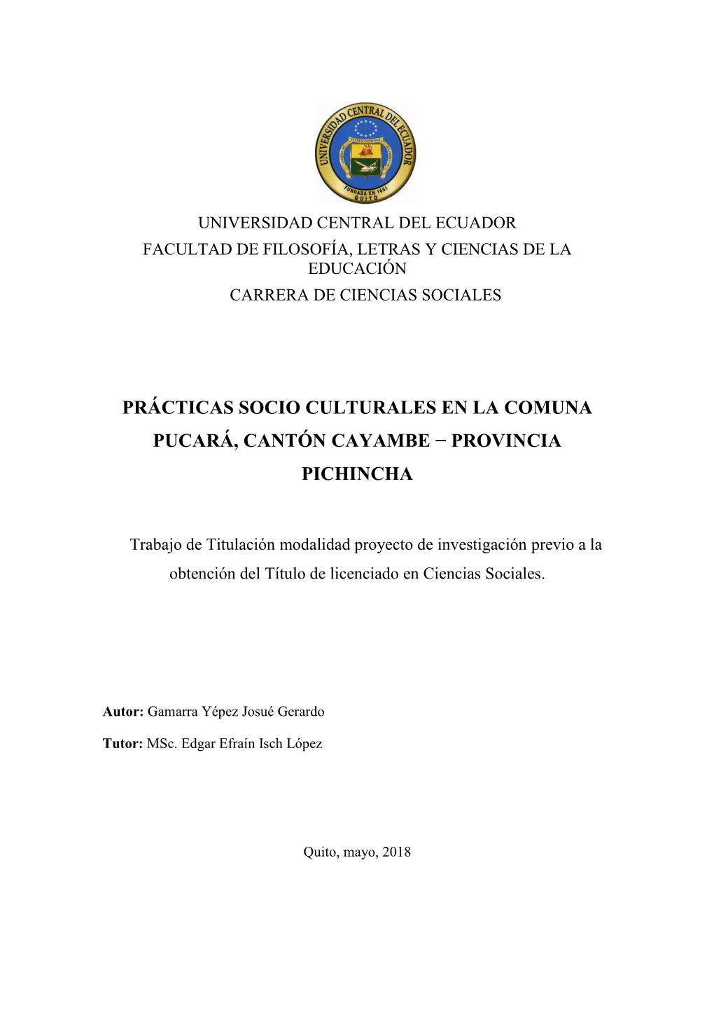 Prácticas Socio Culturales En La Comuna Pucará, Cantón Cayambe − Provincia Pichincha