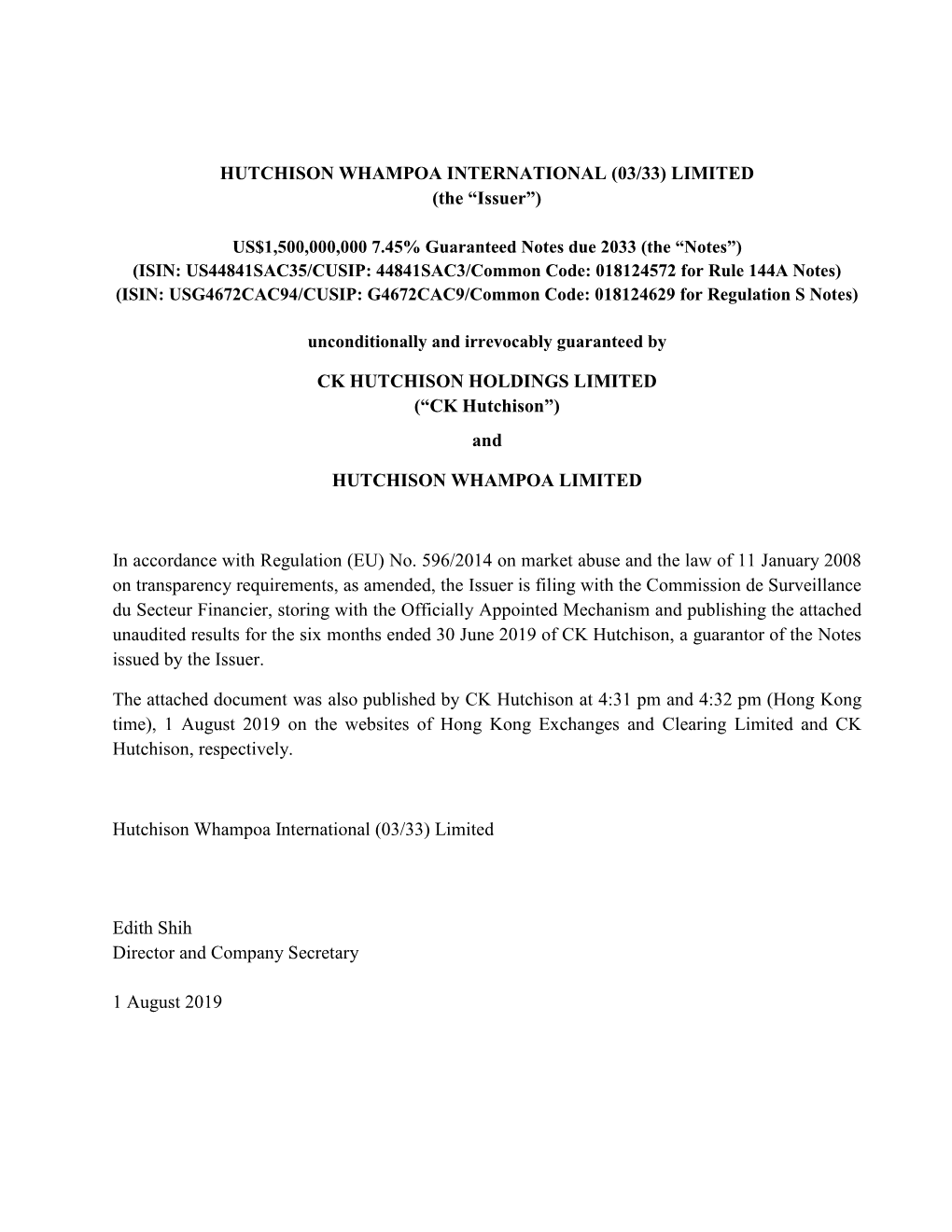 CK HUTCHISON HOLDINGS LIMITED (“CK Hutchison”) And