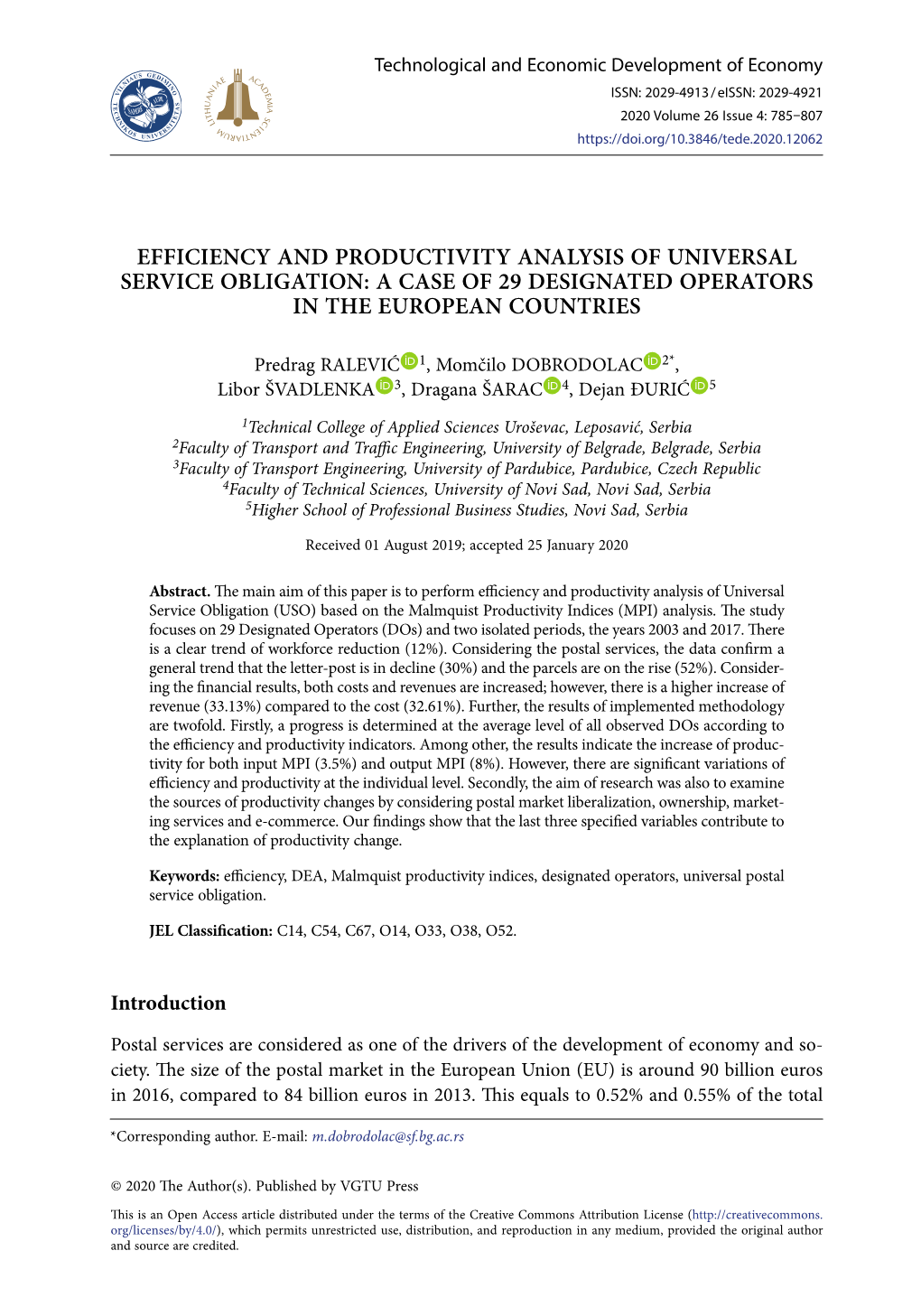 Efficiency and Productivity Analysis of Universal Service Obligation: a Case of 29 Designated Operators in the European Countries