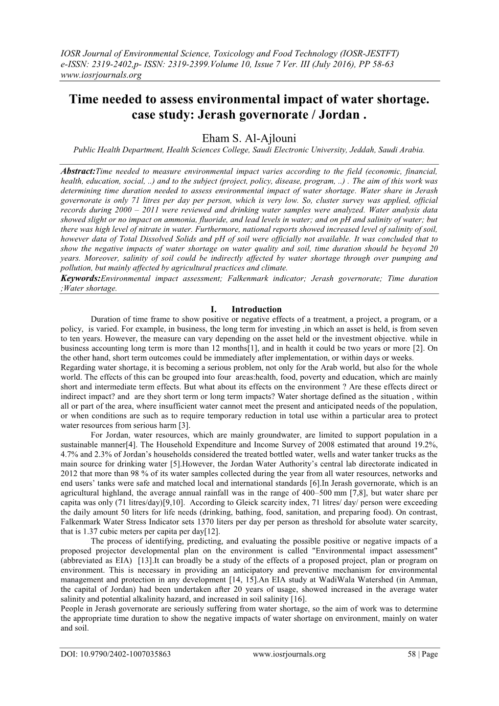 Time Needed to Assess Environmental Impact of Water Shortage. Case Study: Jerash Governorate / Jordan