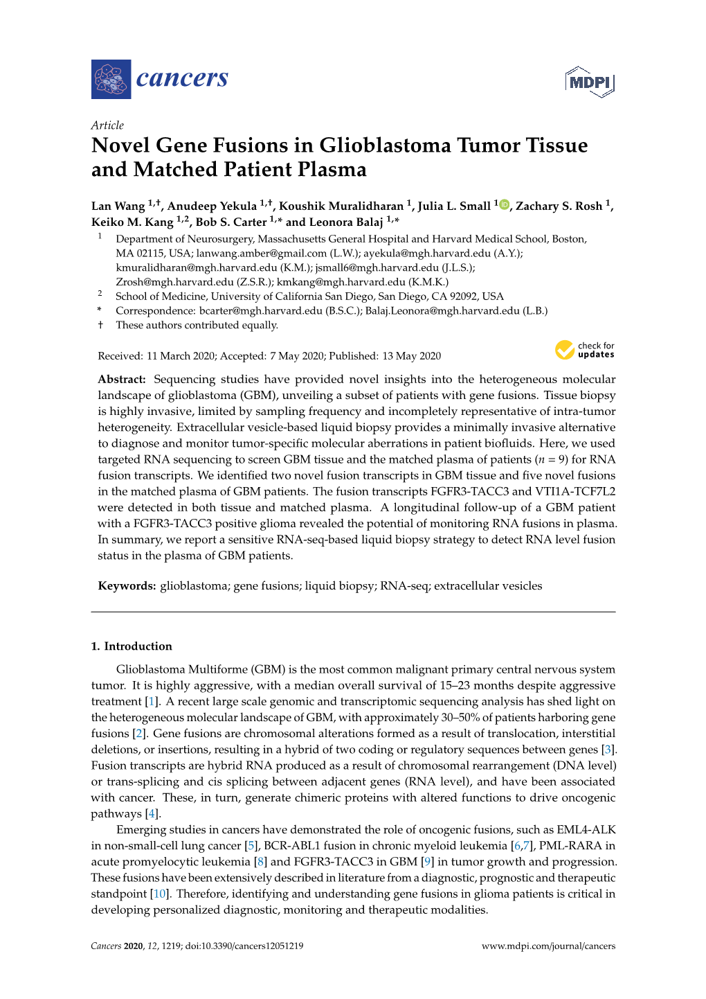 Novel Gene Fusions in Glioblastoma Tumor Tissue and Matched Patient Plasma