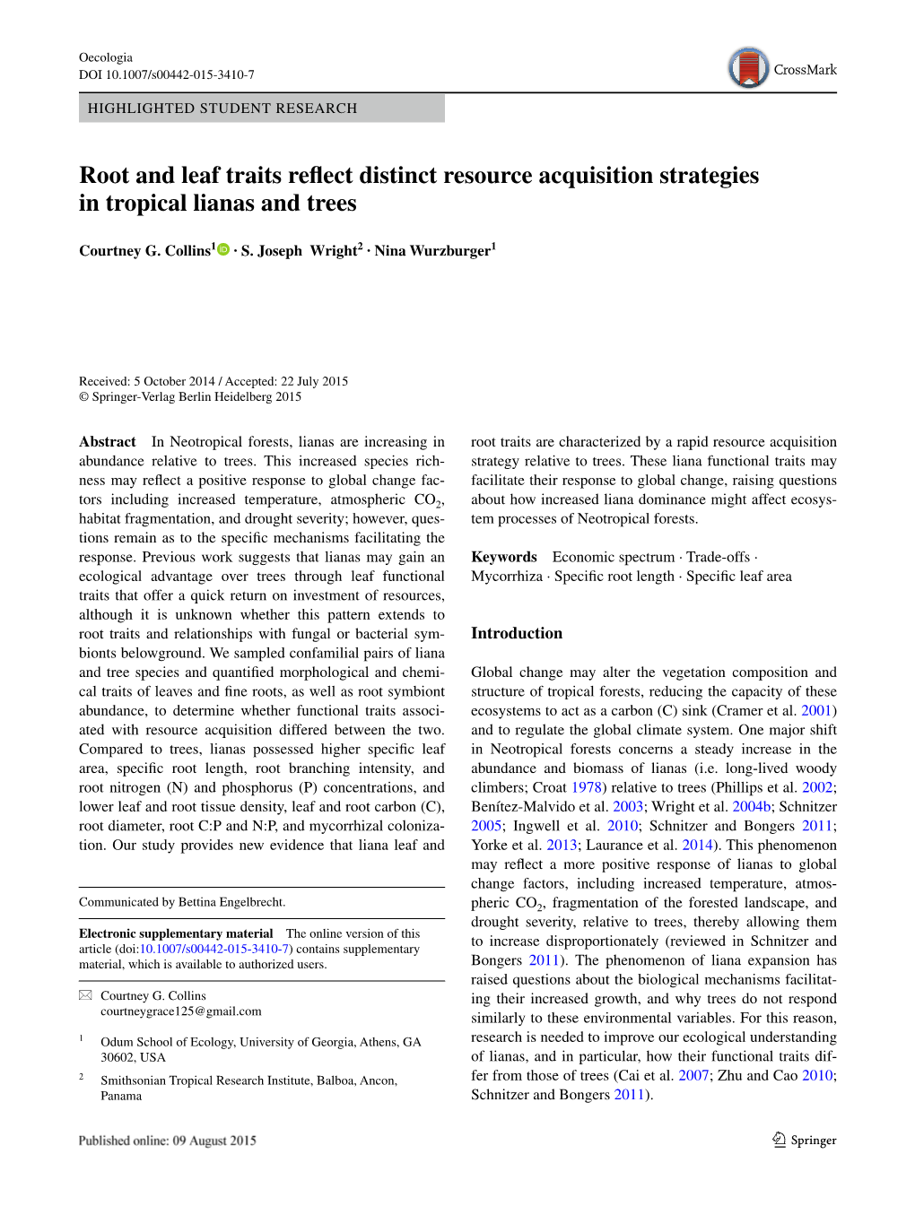 Root and Leaf Traits Reflect Distinct Resource Acquisition Strategies in Tropical Lianas and Trees