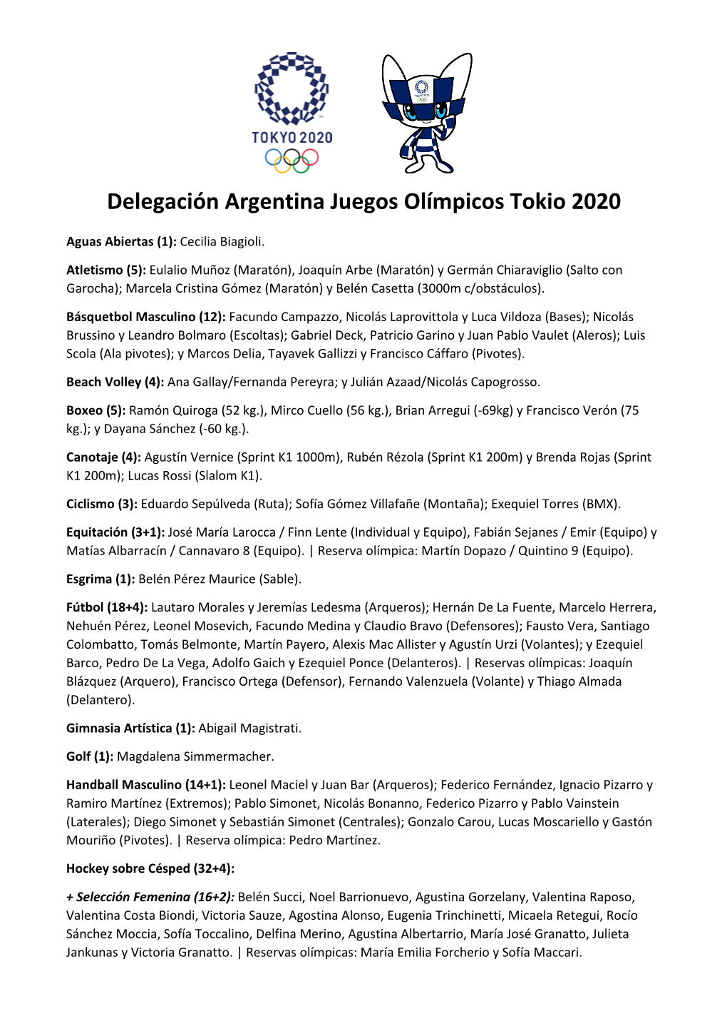 Delegación Argentina Juegos Olímpicos Tokio 2020