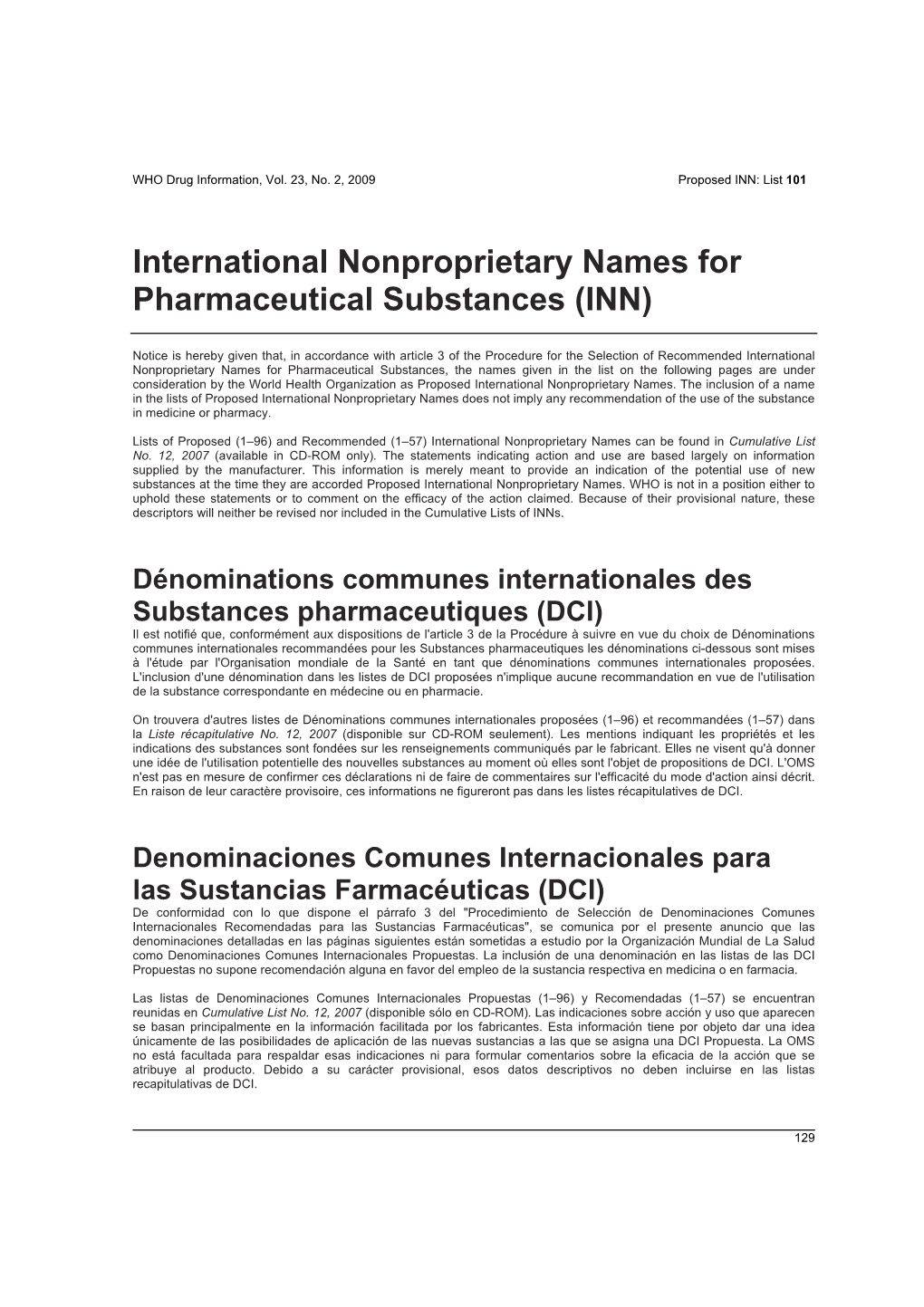 International Nonproprietary Names for Pharmaceutical Substances (INN)