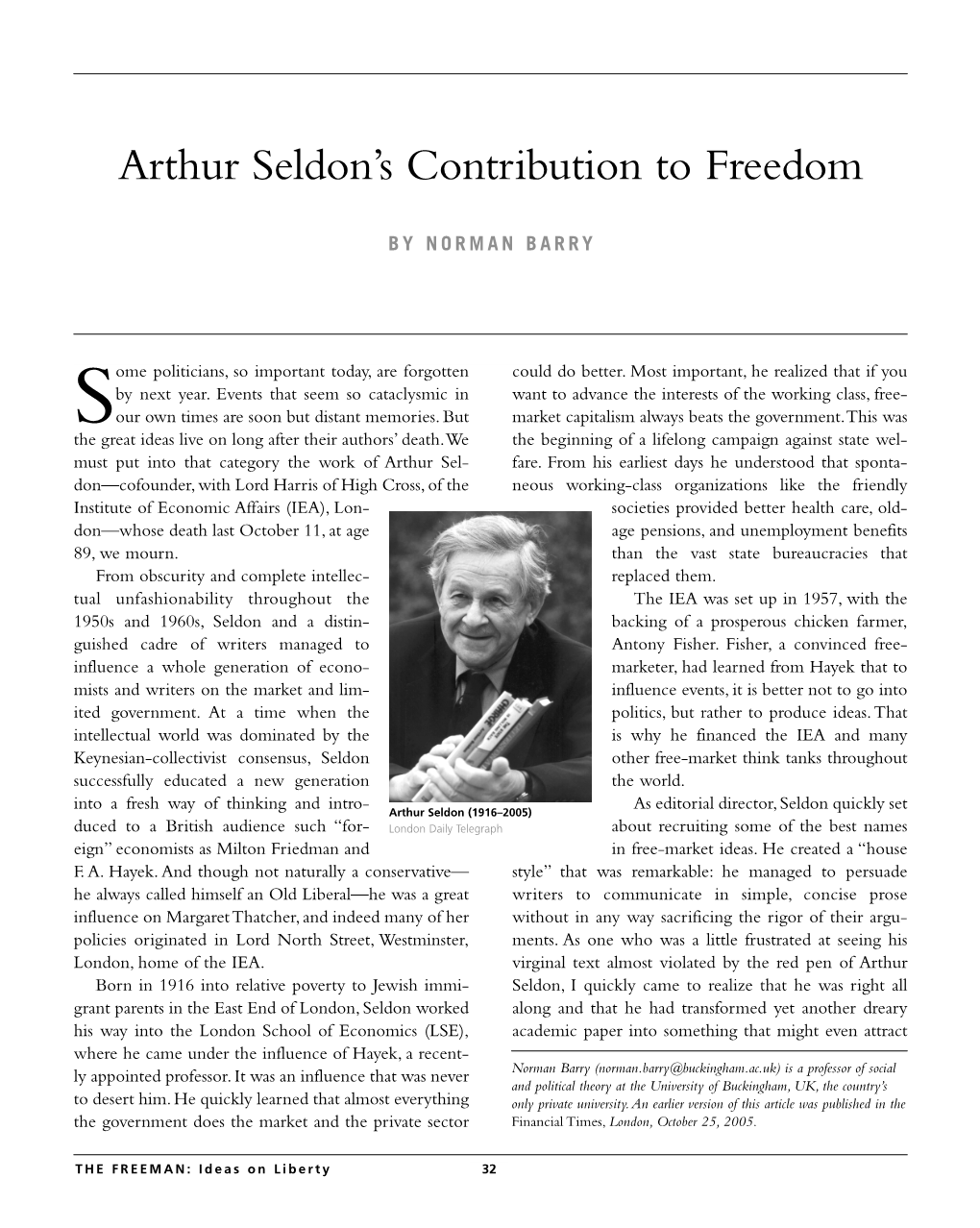 Arthur Seldon's Contribution to Freedom