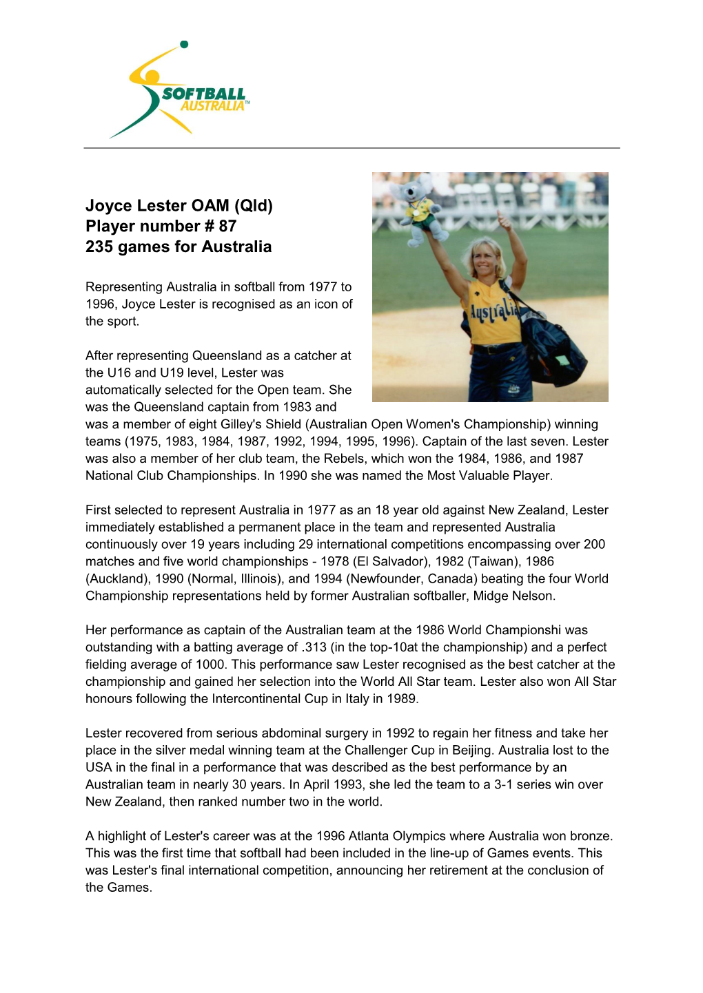 Joyce Lester OAM (Qld) Player Number # 87 235 Games for Australia