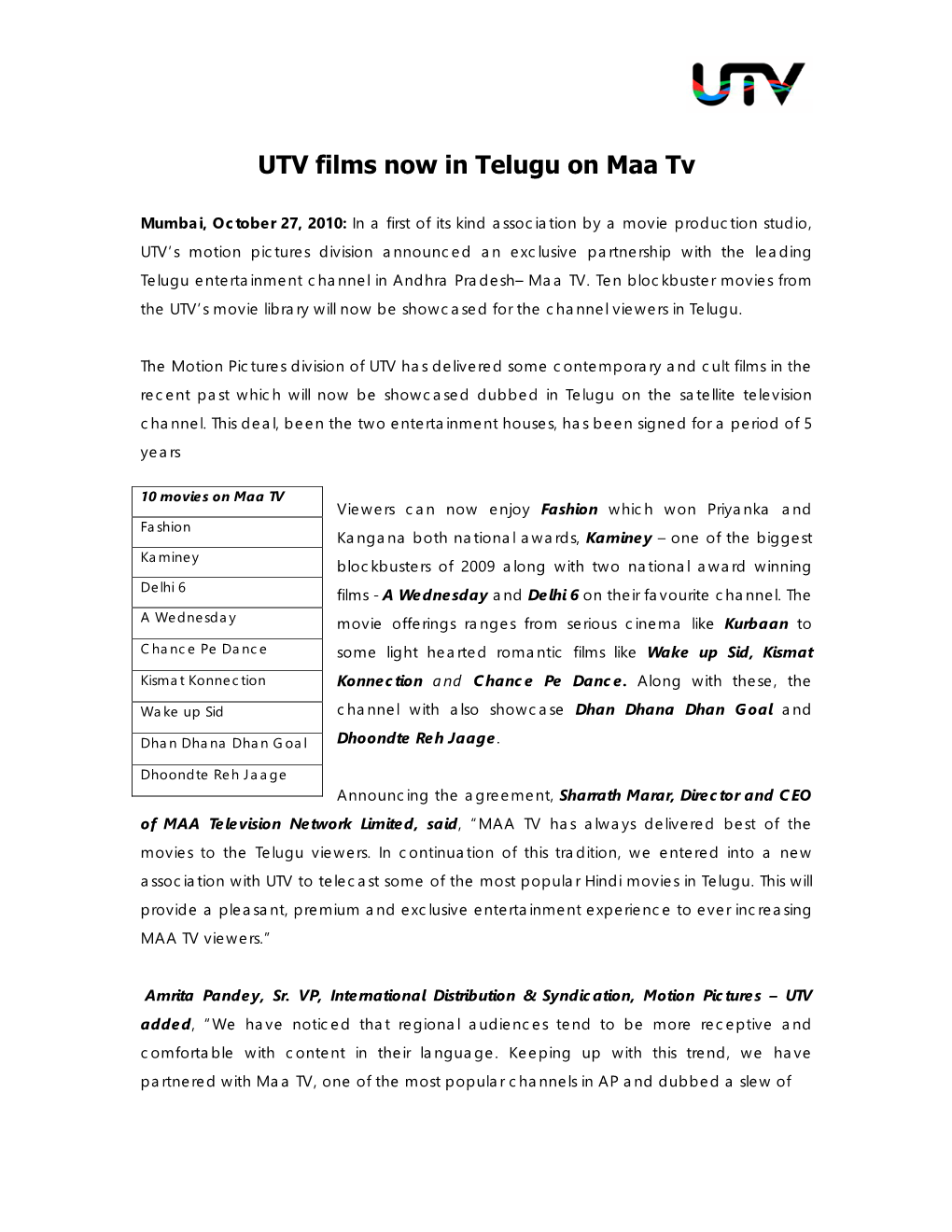 UTV Films Now in Telugu on Maa Tv