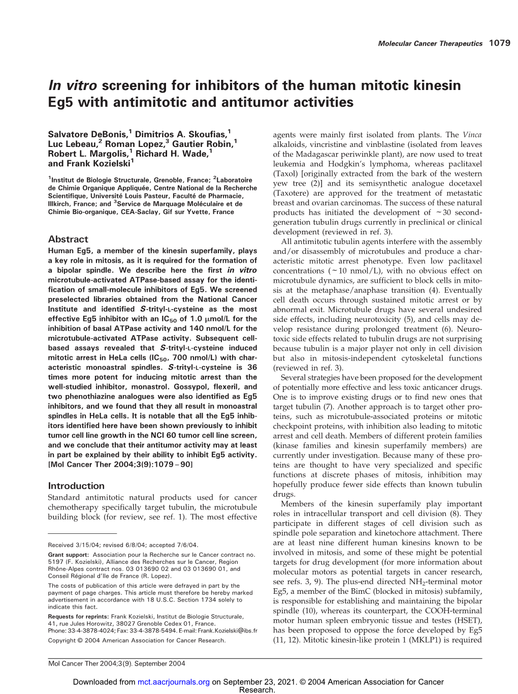 In Vitro Screening for Inhibitors of the Human Mitotic Kinesin Eg5 with Antimitotic and Antitumor Activities