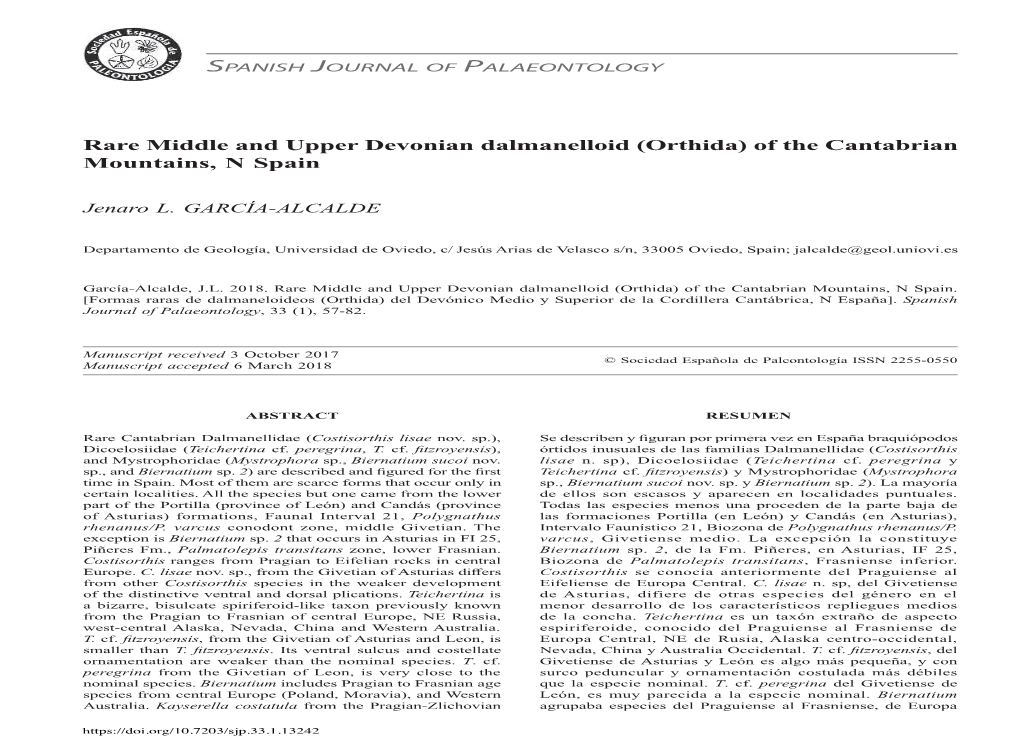 Rare Middle and Upper Devonian Dalmanelloid (Orthida) of the Cantabrian Mountains, N Spain