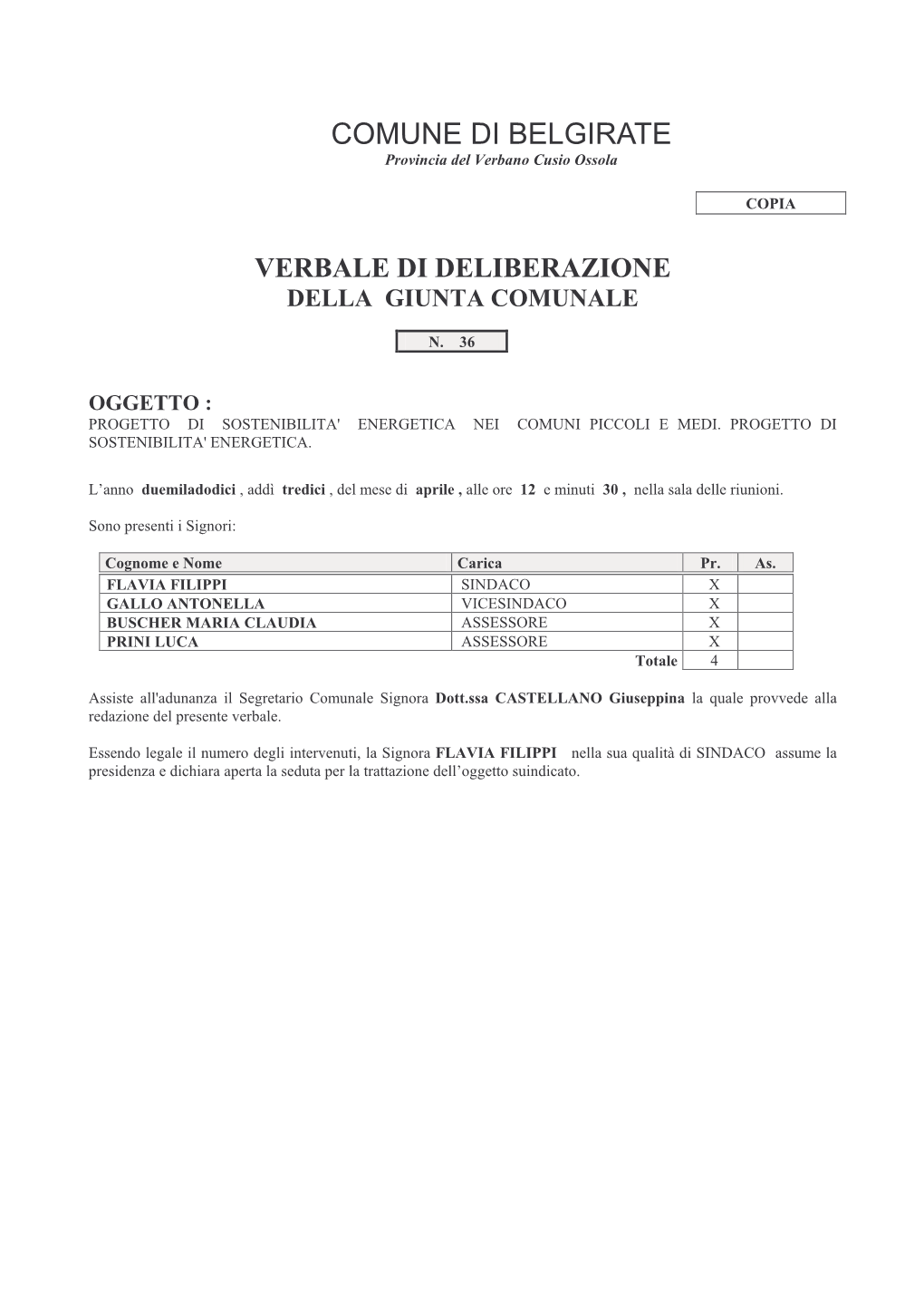 COMUNE DI BELGIRATE Provincia Del Verbano Cusio Ossola