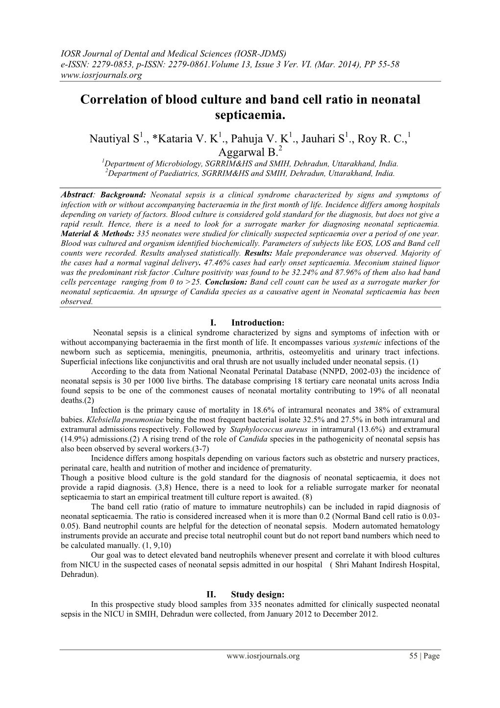 Correlation of Blood Culture and Band Cell Ratio in Neonatal Septicaemia