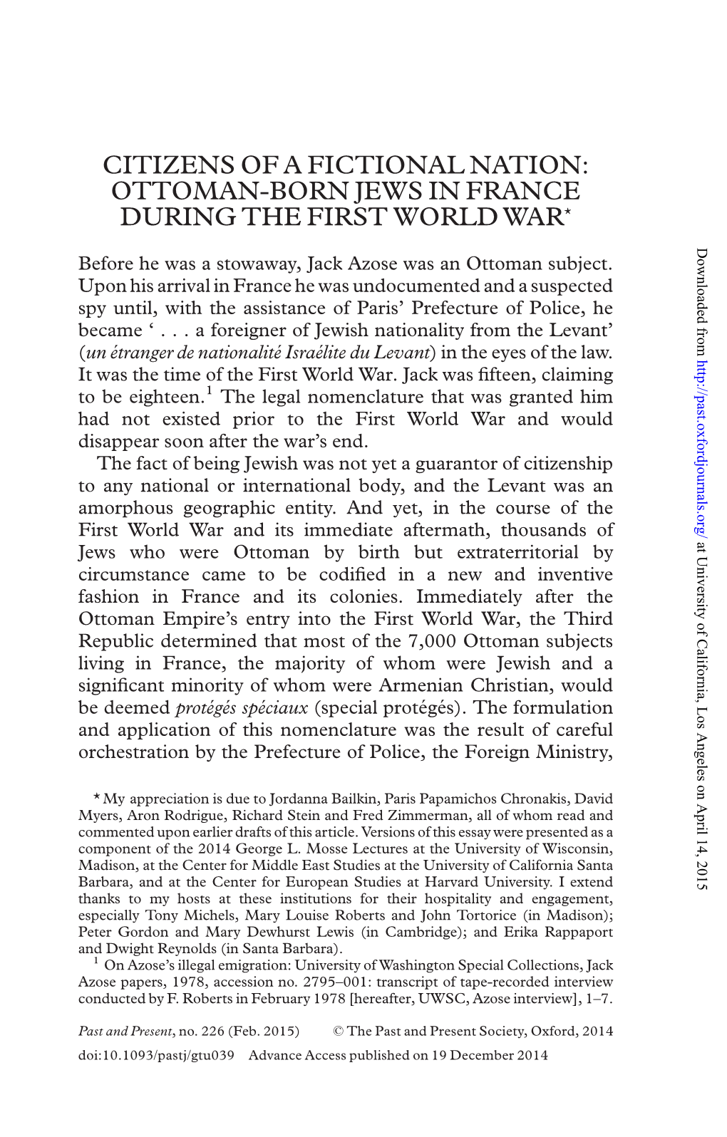 OTTOMAN-BORN JEWS in FRANCE DURING the FIRST WORLD WAR* Downloaded from Before He Was a Stowaway, Jack Azose Was an Ottoman Subject