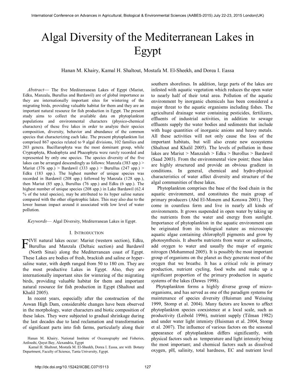 Algal Diversity of the Mediterranean Lakes in Egypt