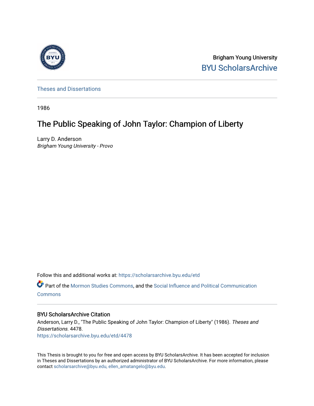 The Public Speaking of John Taylor: Champion of Liberty