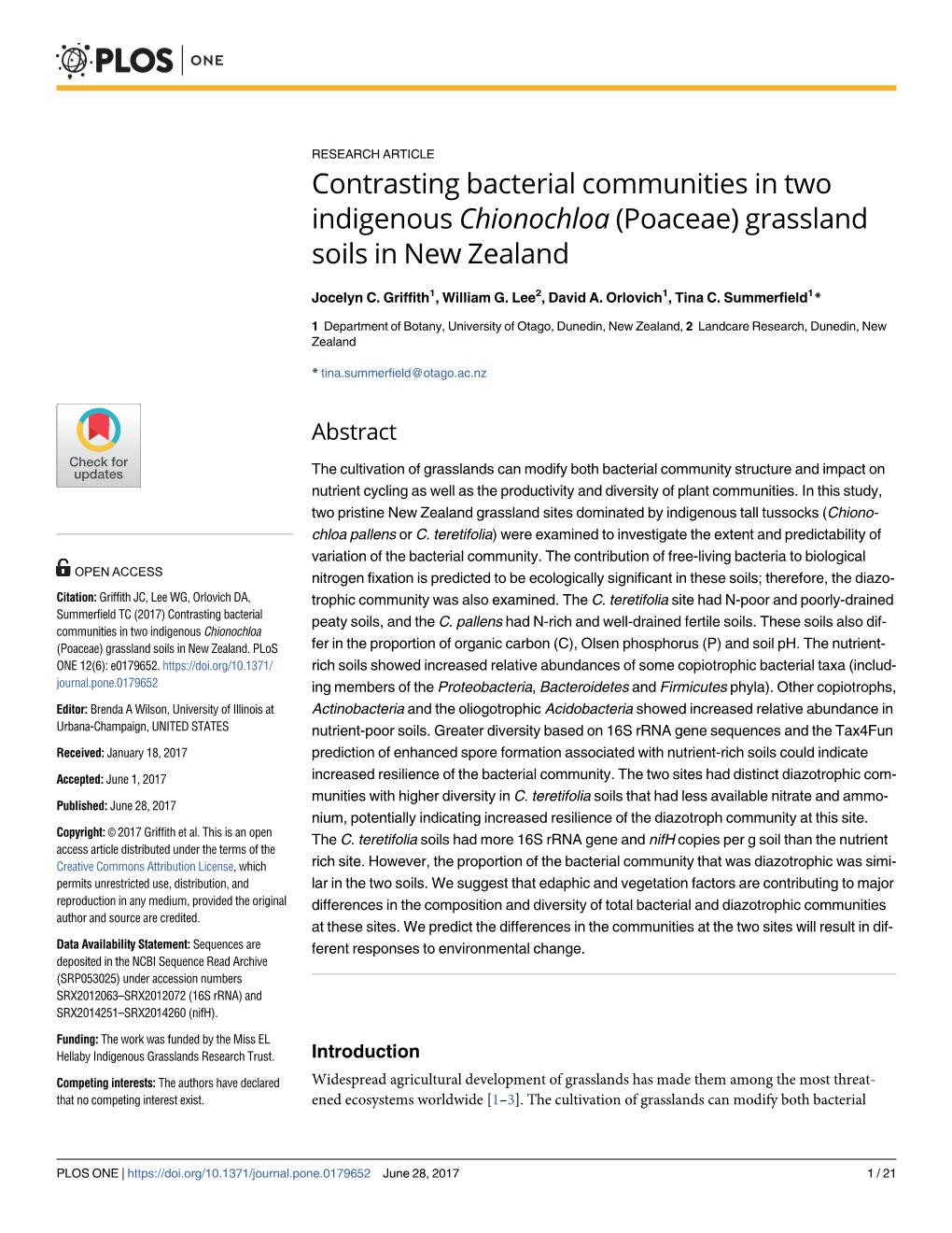 Contrasting Bacterial Communities in Two Indigenous Chionochloa (Poaceae) Grassland Soils in New Zealand