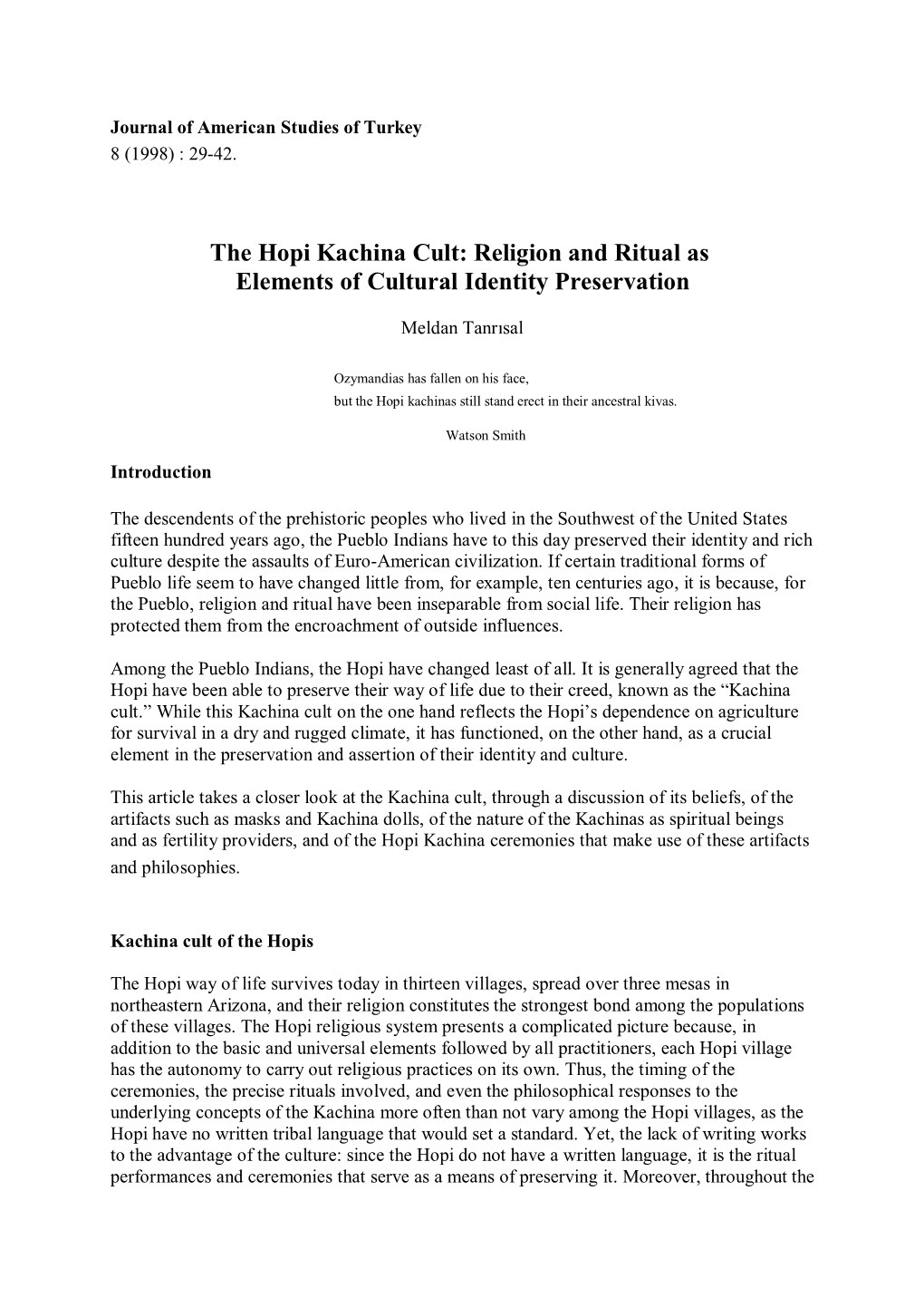 The Hopi Kachina Cult: Religion and Ritual As Elements of Cultural Identity Preservation