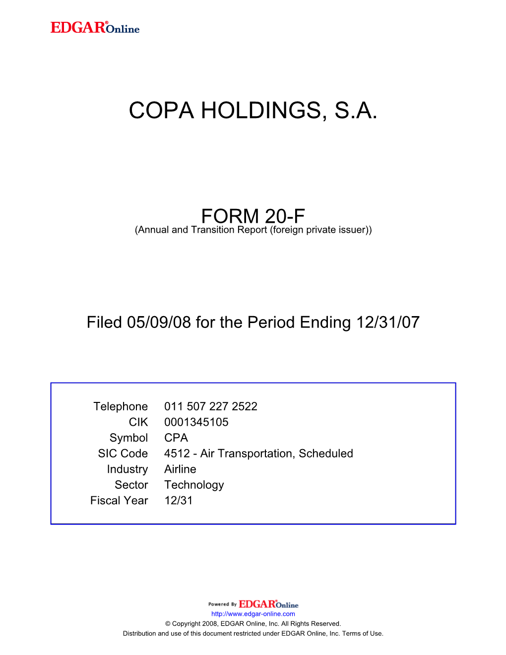 Copa Holdings, S.A