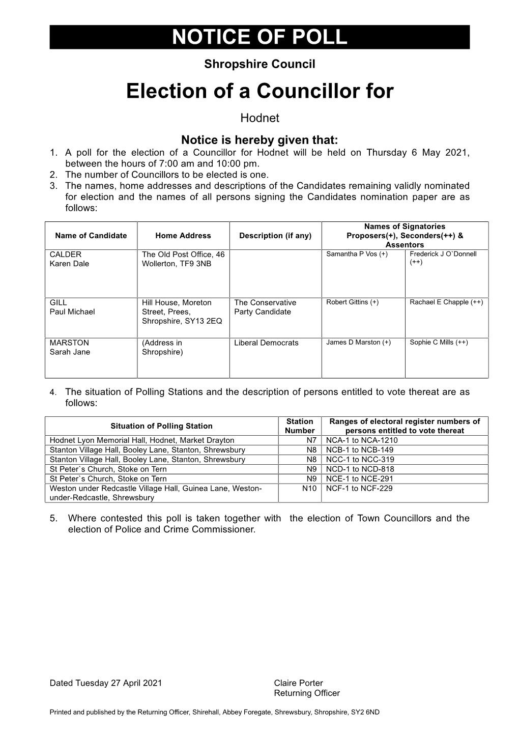 NOTICE of POLL Election of a Councillor