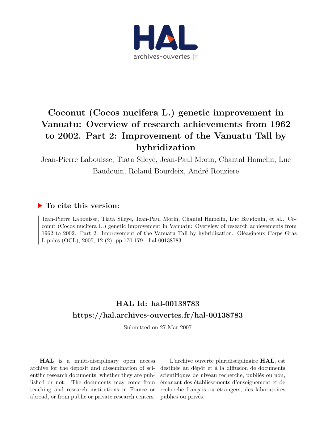 Coconut (Cocos Nucifera L.) Genetic Improvement in Vanuatu: Overview of Research Achievements from 1962 to 2002