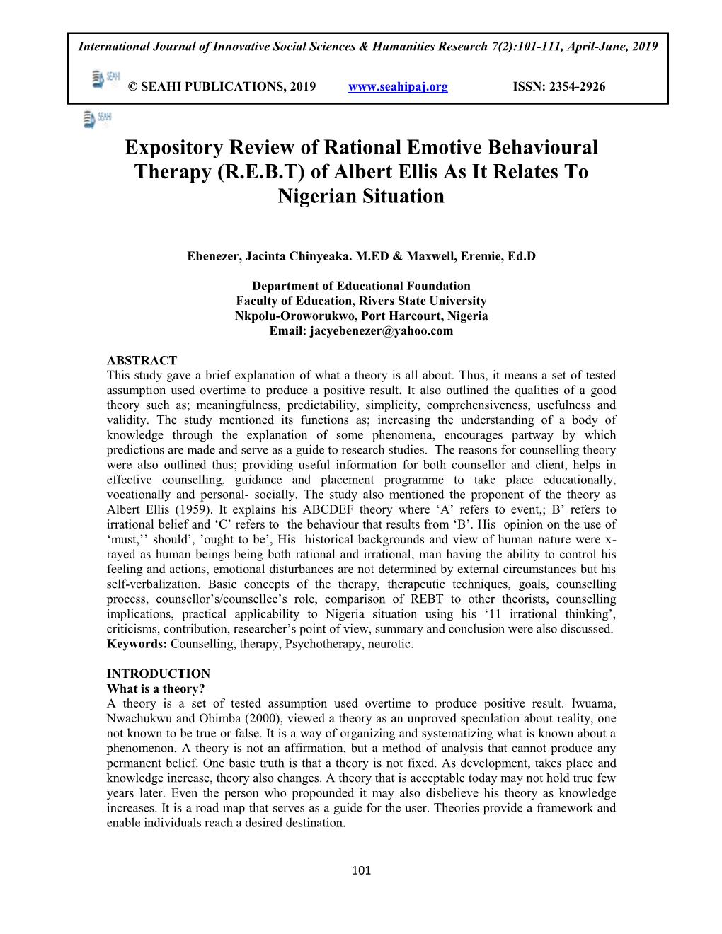 Expository Review of Rational Emotive Behavioural Therapy (REBT)