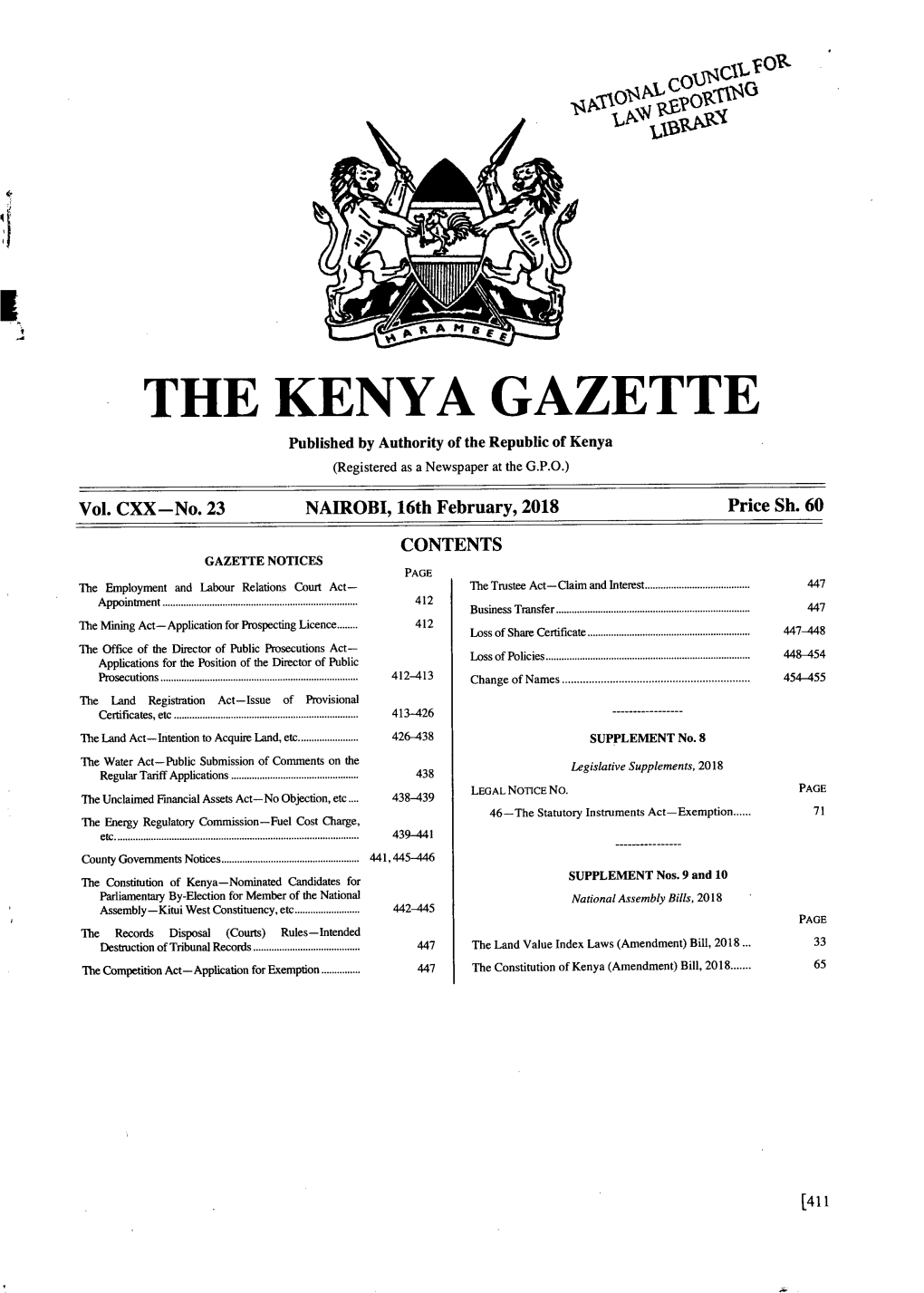 THE KENYA GAZETTE Published by Authority of the Republic of Kenya (Registered As a Newspaper at the G.P.O.)