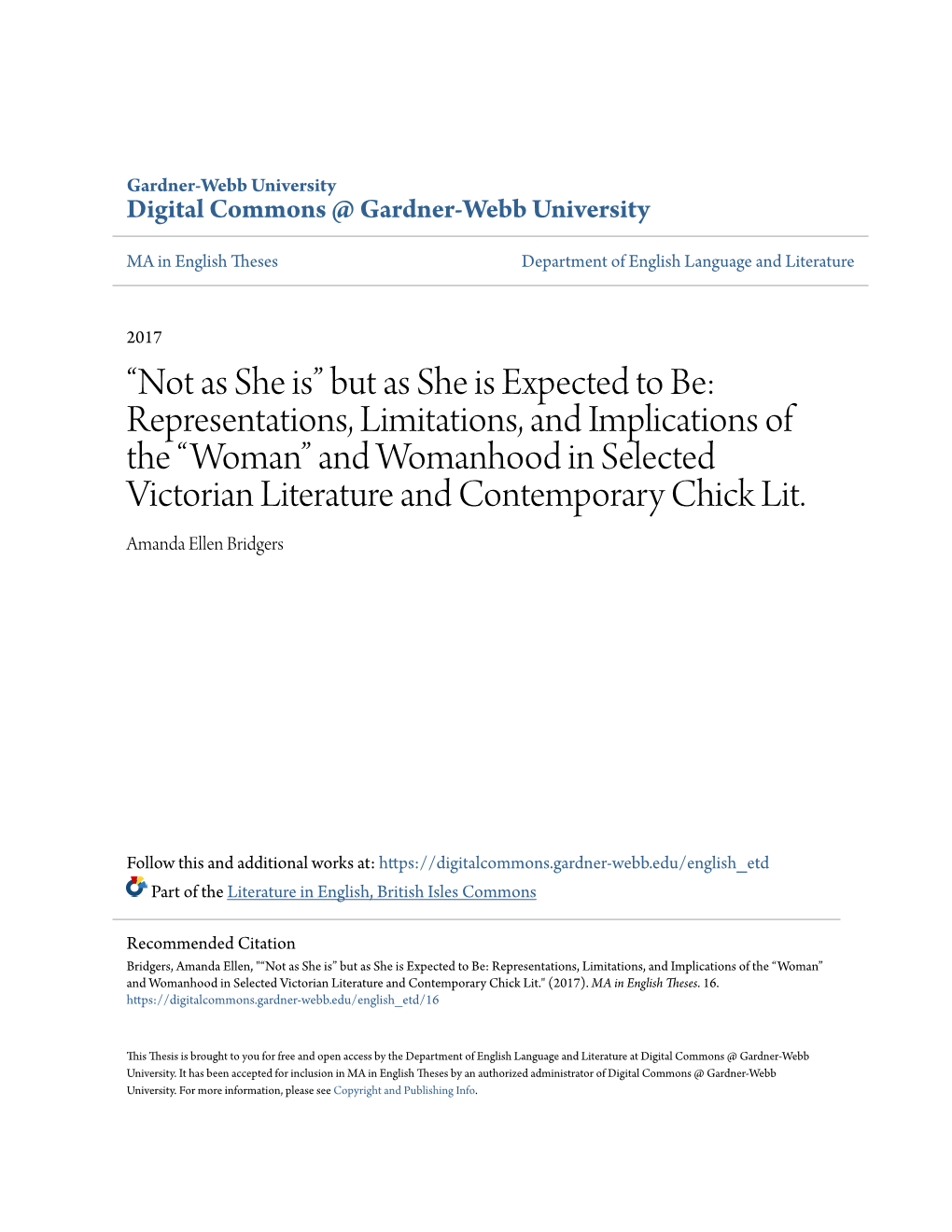 Representations, Limitations, and Implications of the “Woman” and Womanhood in Selected Victorian Literature and Contemporary Chick Lit