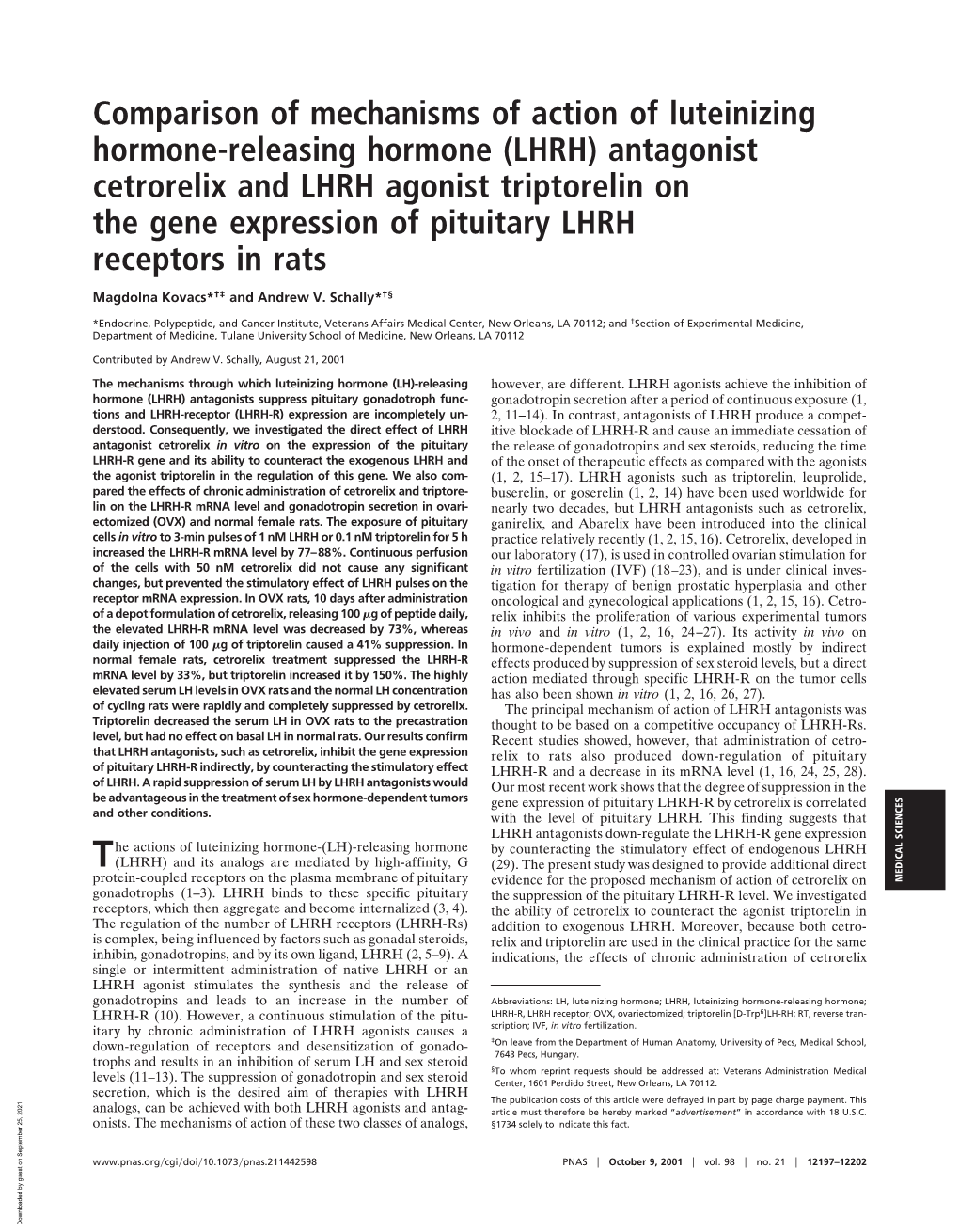 LHRH) Antagonist Cetrorelix and LHRH Agonist Triptorelin on the Gene Expression of Pituitary LHRH Receptors in Rats