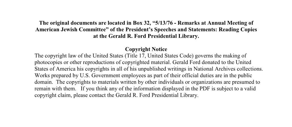 Remarks at Annual Meeting of American Jewish Committee” of the President’S Speeches and Statements: Reading Copies at the Gerald R